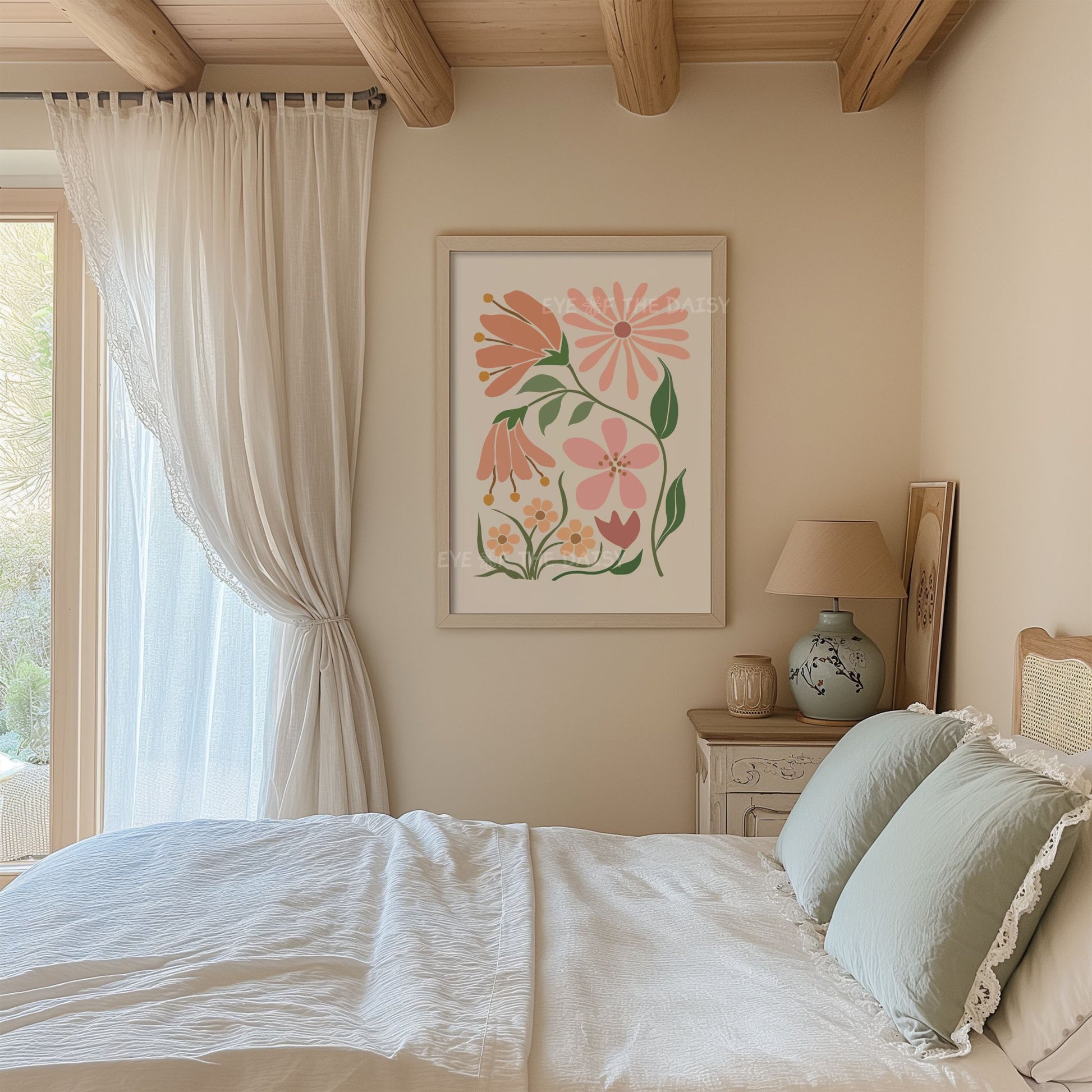 Boho blush botanical poster – printable floral wall art with soft cut-out flower, perfect for cozy dorm room or college bedroom decor