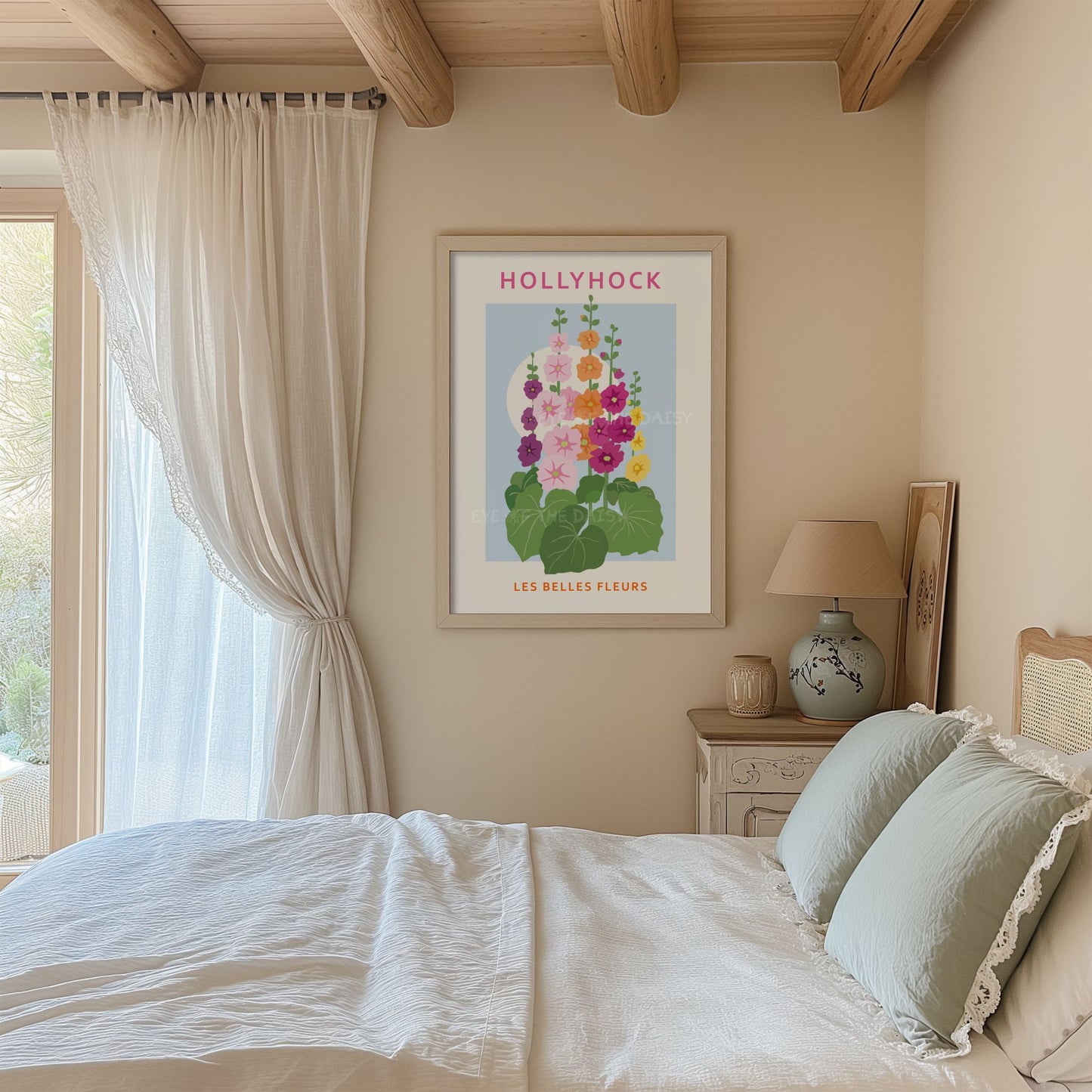 "Les Fleurs" printable wall art featuring abstract Hollyhock flower design – bright Scandinavian floral exhibition poster