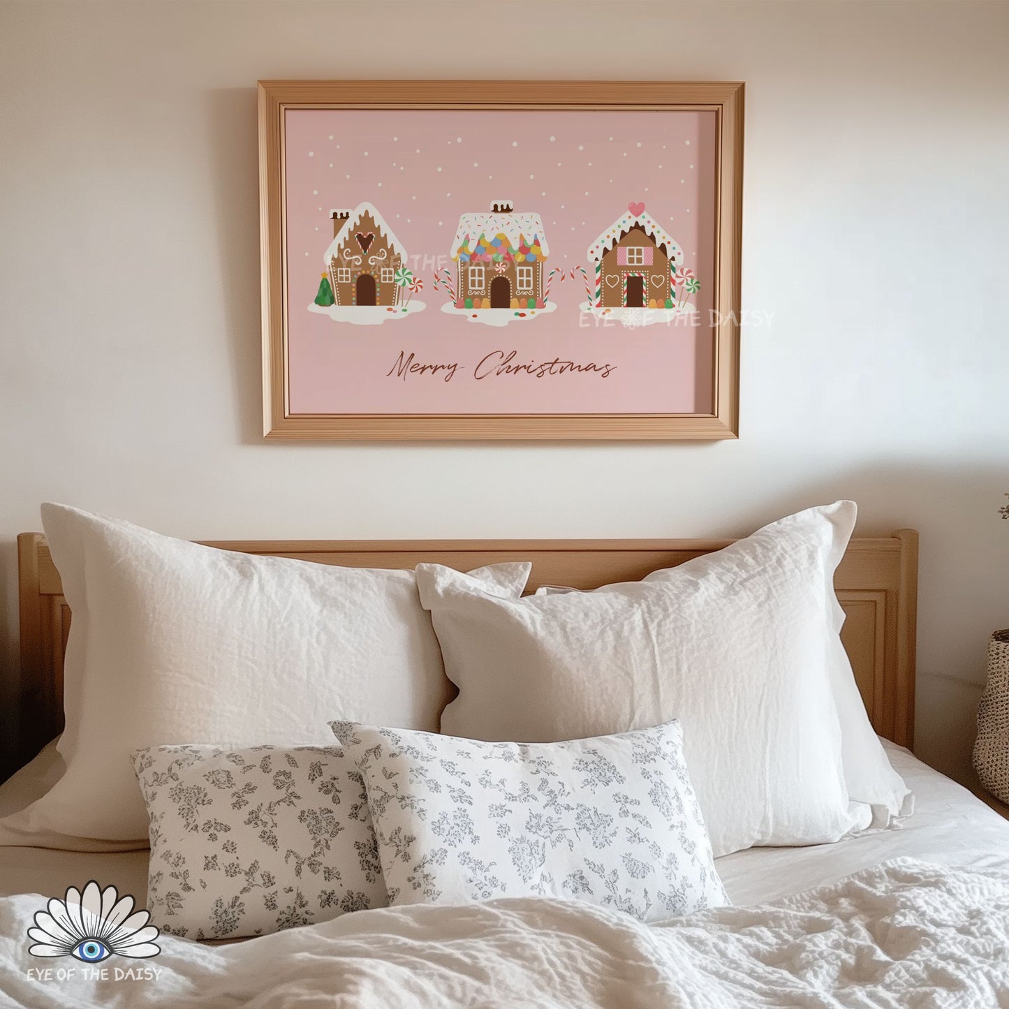 Pink Gingerbread House Print Digital Download | Cute Horizontal Christmas Printable Wall Art