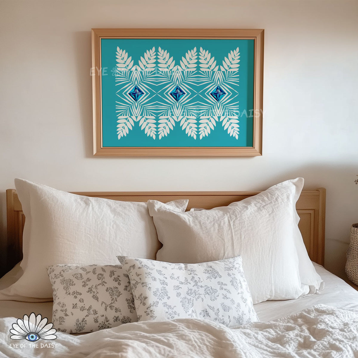 blue and white abstract fern printable wall art, eclectic tribal poster for bedroom or hallway