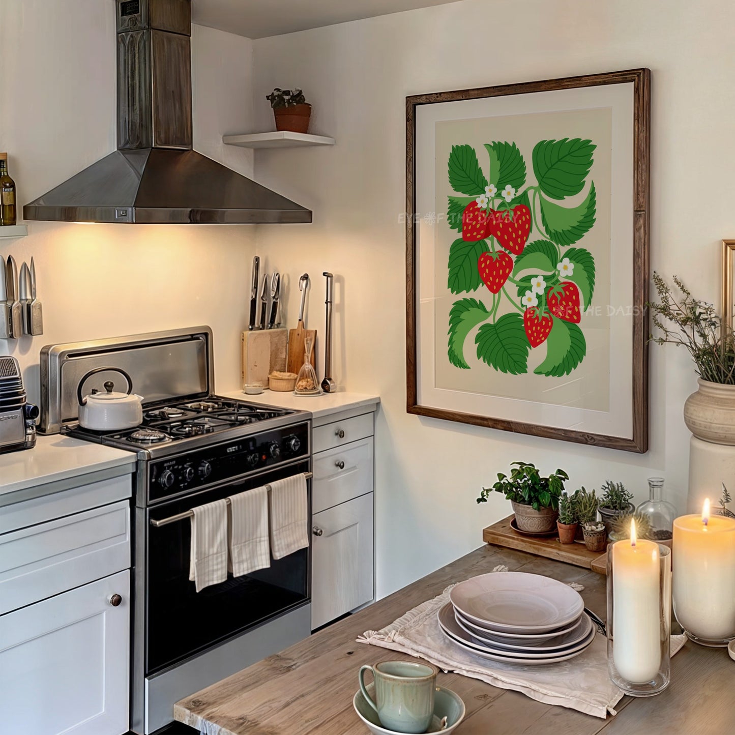 Printable strawberry kitchen art – abstract red and green plant design on beige, digital download for modern kitchen wall decor