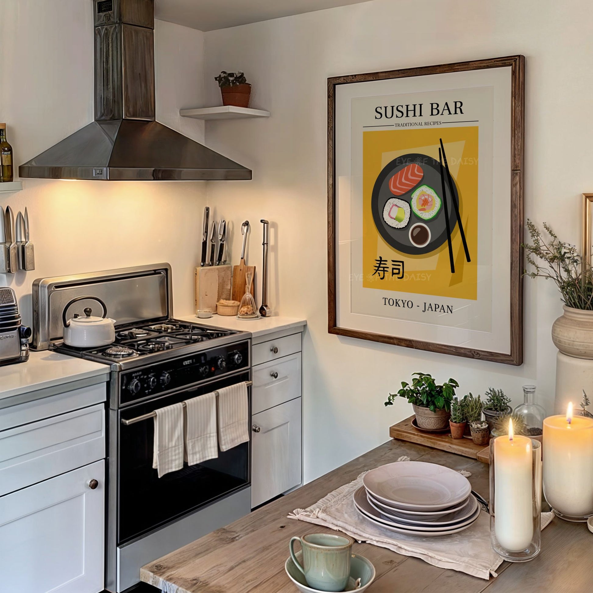 Modern Sushi Bar exhibition poster, colorful Japanese food printable wall art download for contemporary or boho kitchen decor