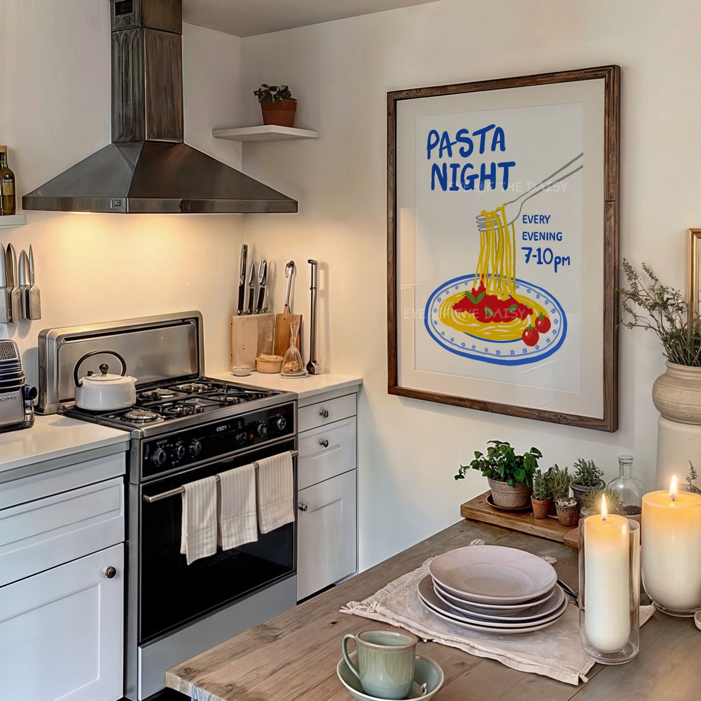 Modern apartment kitchen with a hand drawn trendy 'Pasta Night' wall art print on the wall
