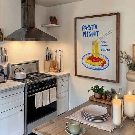 Modern apartment kitchen with a hand drawn trendy 'Pasta Night' wall art print on the wall
