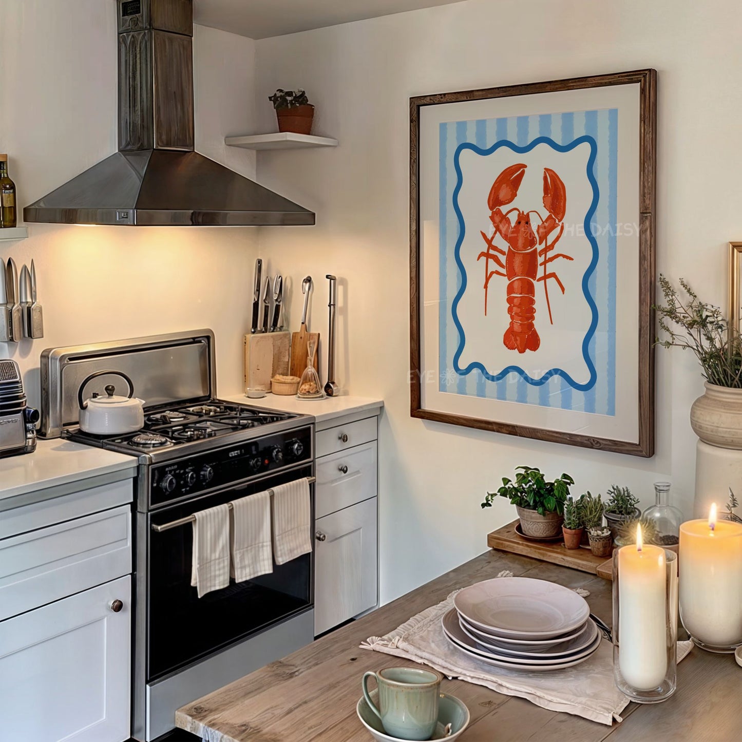 Eclectic wall print of a hand drawn lobster with blue stripes, trendy dopamine decor with beachy coastal vibes