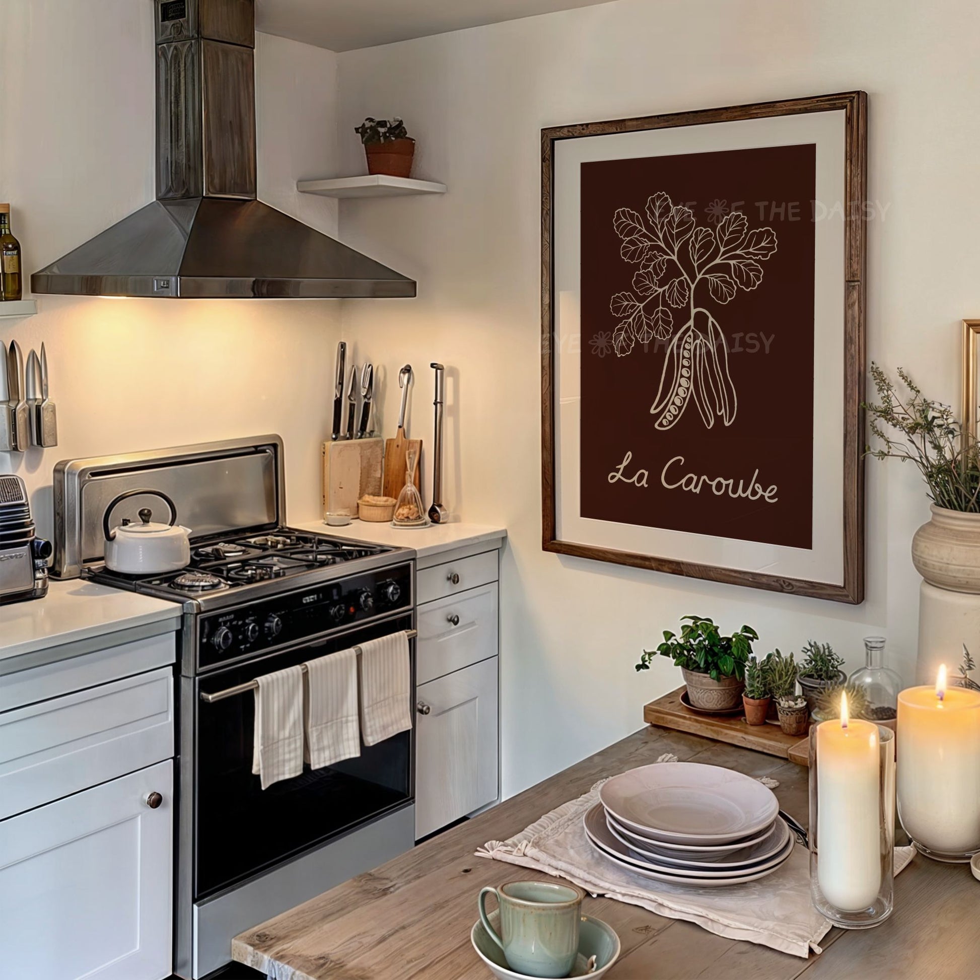 Earth tone carob plant wall print, boho natural artwork for living room or kitchen