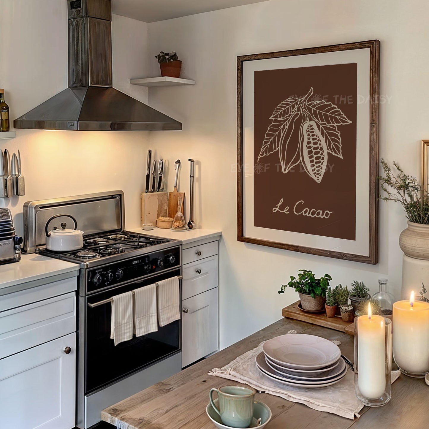 Minimalist cocoa plant art print for rustic farmhouse kitchen décor