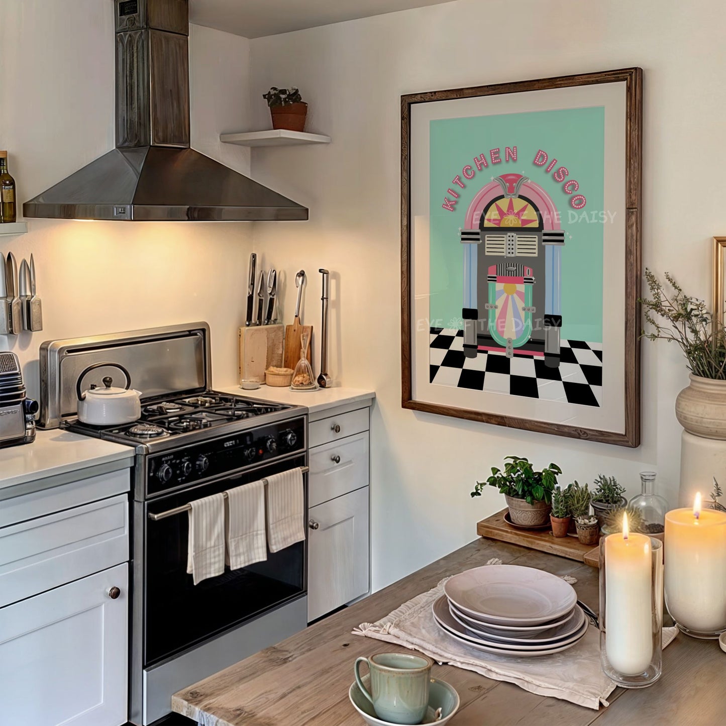 Kitchen Disco pastel jukebox poster, quirky printable artwork for retro-inspired kitchen decor, instant digital download