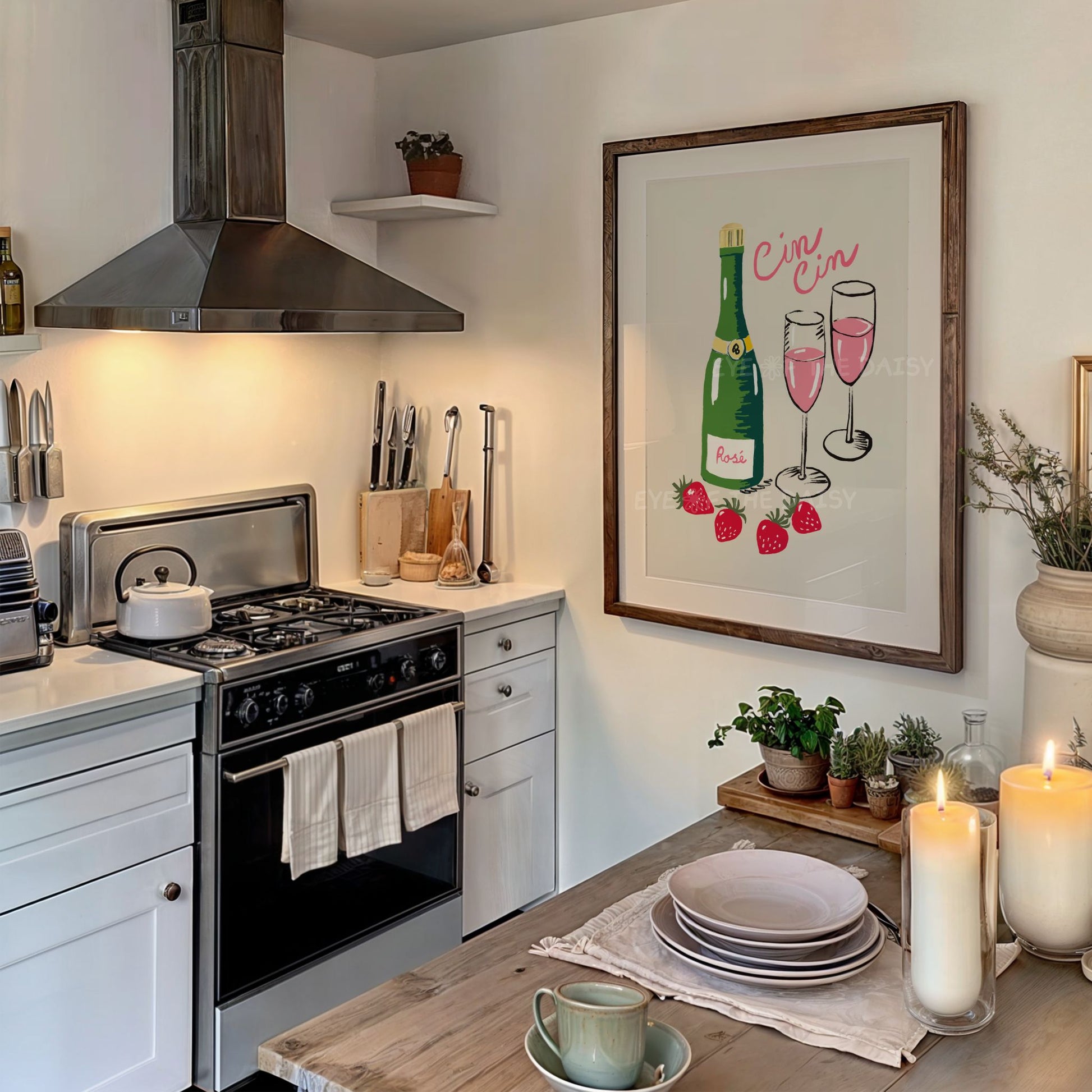 Modern kitchen with a trendy hand drawn colourful framed "Cin Cin" cheers print on the wall
