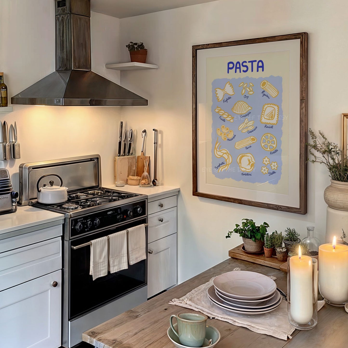 Trendy hand drawn "Pasta Guide" print with different pasta type illustrations in a modern contemporary kitchen