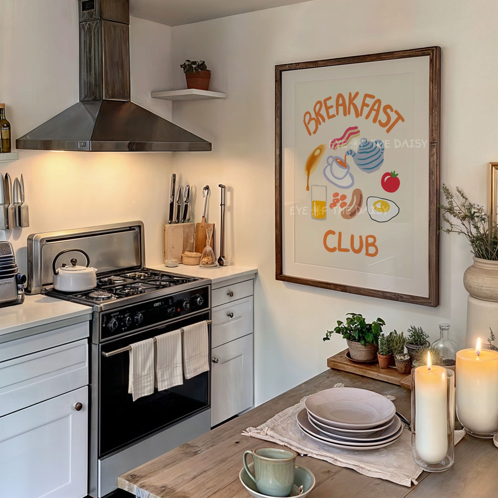 Kitchen with a 'Breakfast Club' foodie poster on the wall that has breakfast food items hand drawn in multi-colors