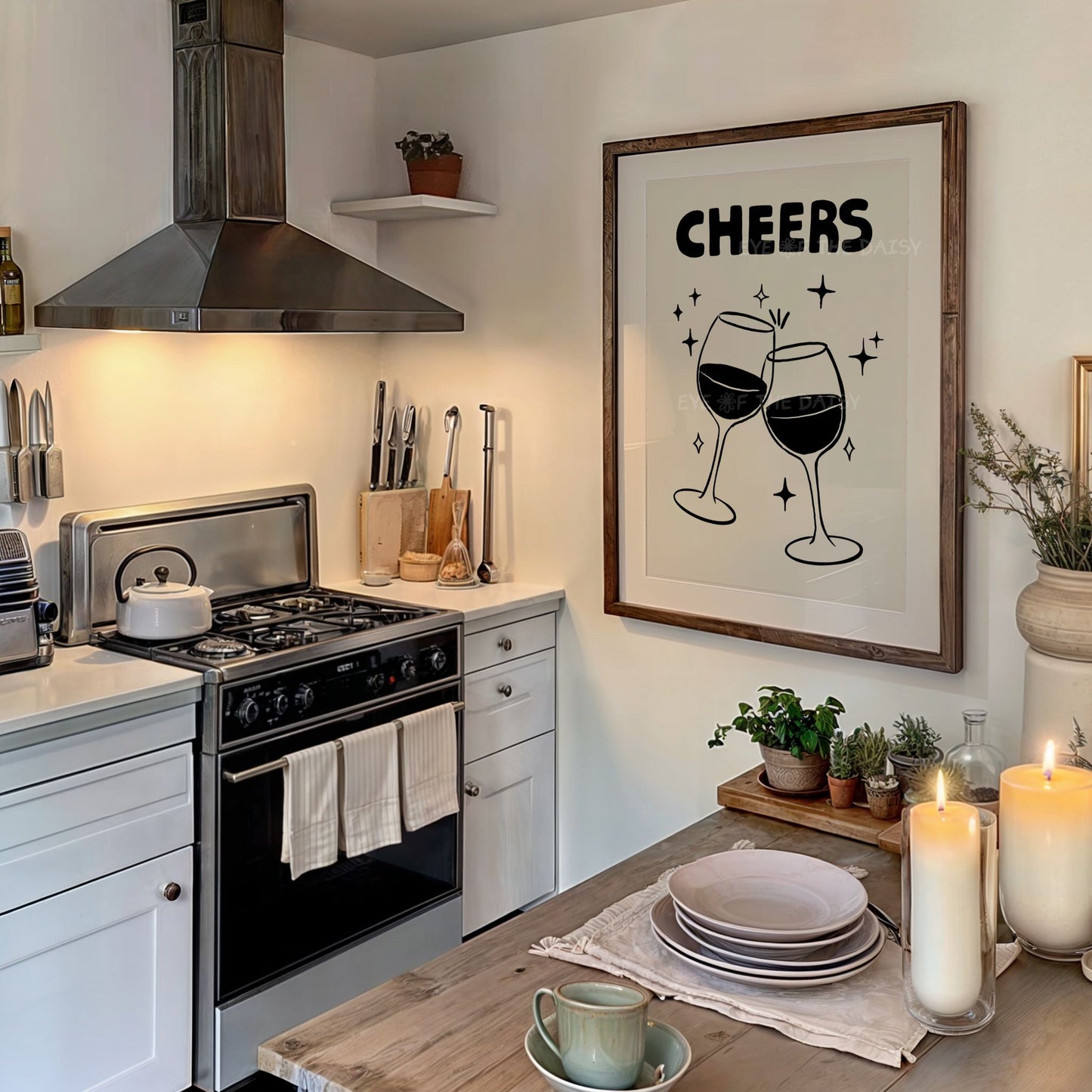 Cheers printable poster, modern kitchen wall decor, trendy hand drawn wine glasses downloadable art in neutral tones