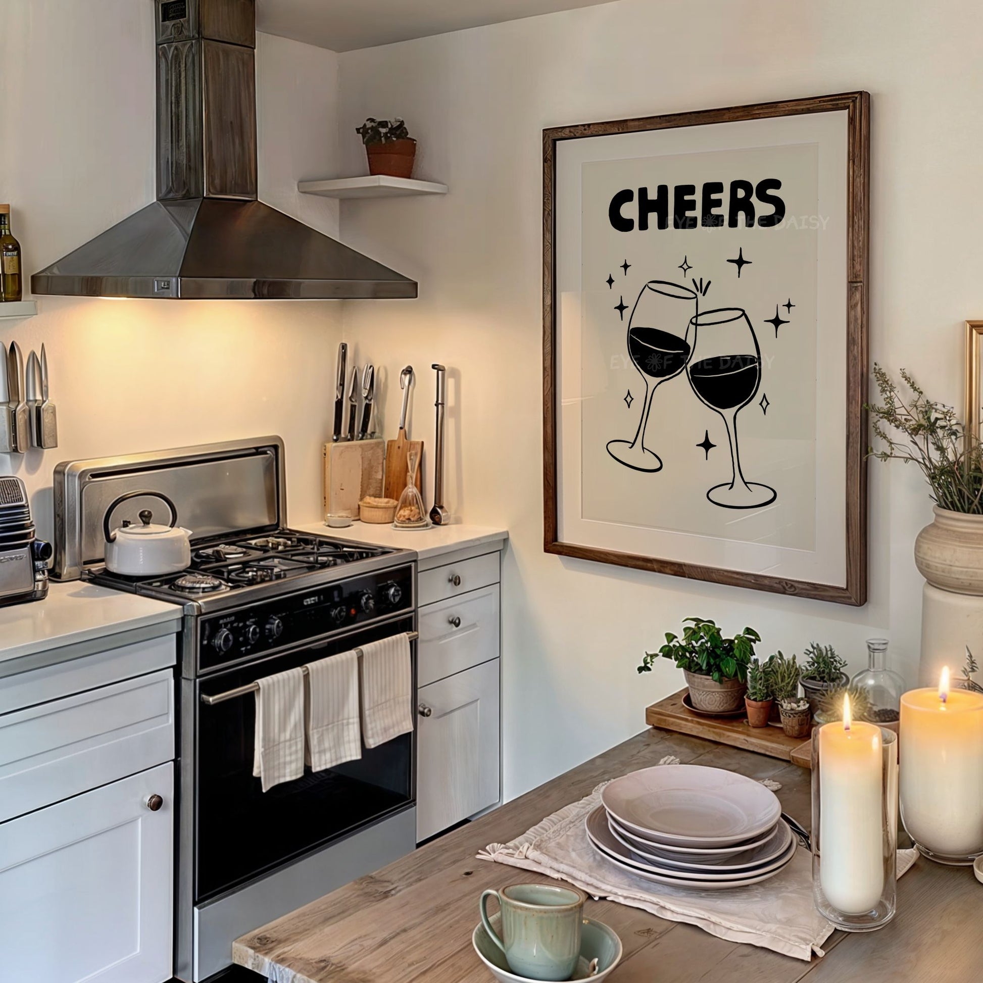 Cheers printable poster, modern kitchen wall decor, trendy hand drawn wine glasses downloadable art in neutral tones