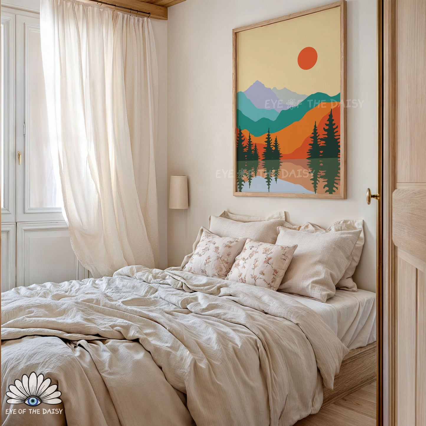 Colourful boho mountain range printable wall art, bright colours mid century modern print