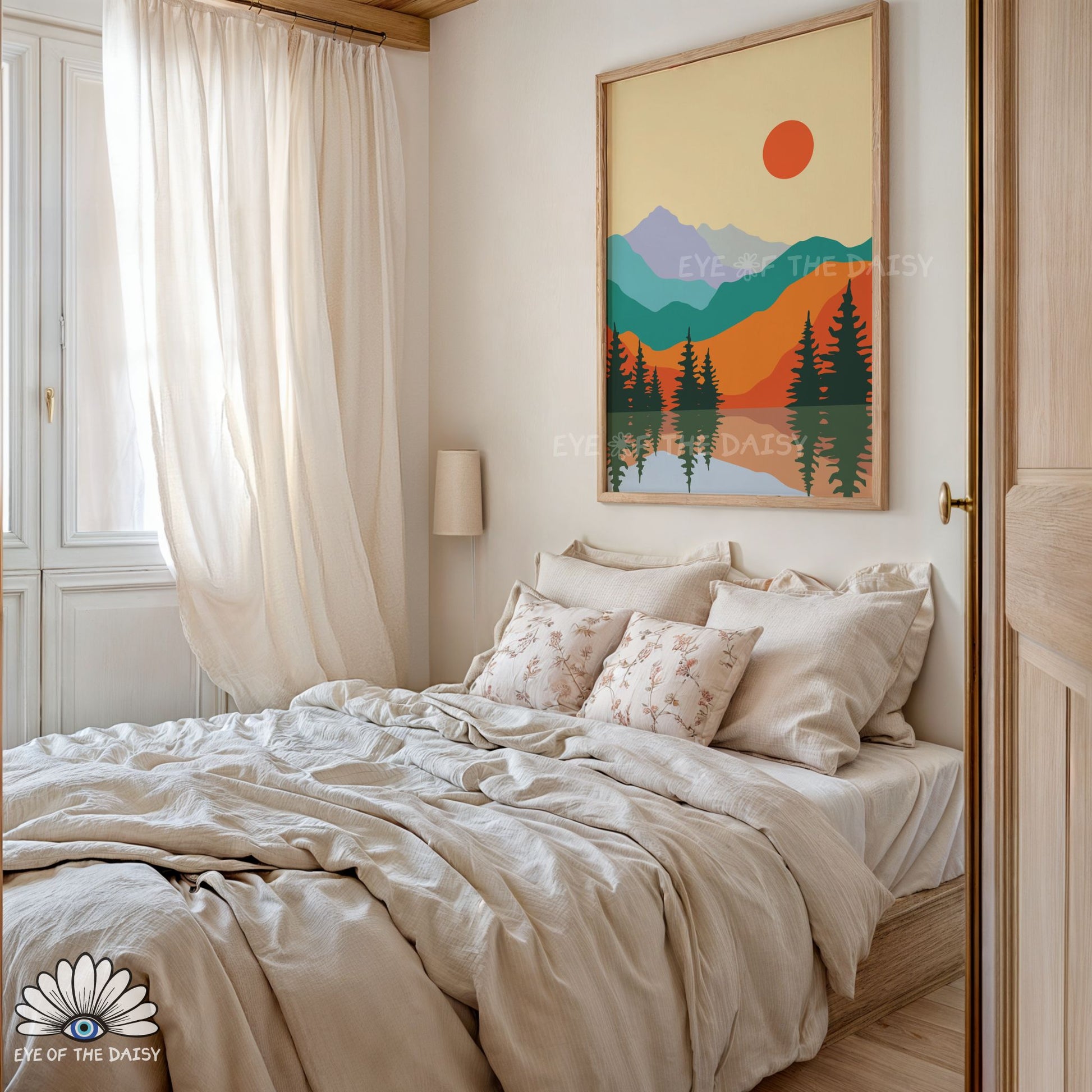 Colourful boho mountain range printable wall art, bright colours mid century modern print