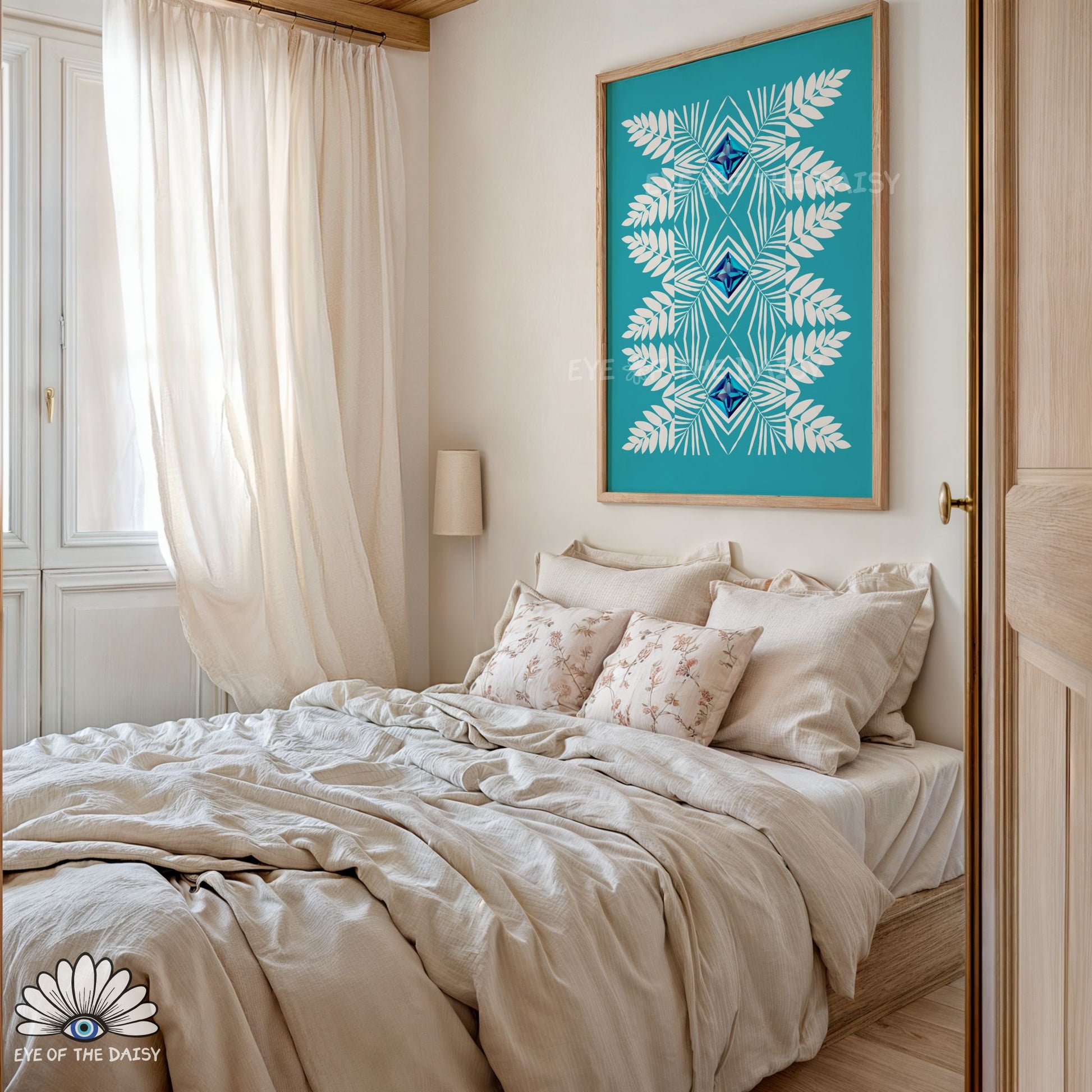 blue and white tribal botanical wall art printable, contemporary boho decor for bedroom or dorm