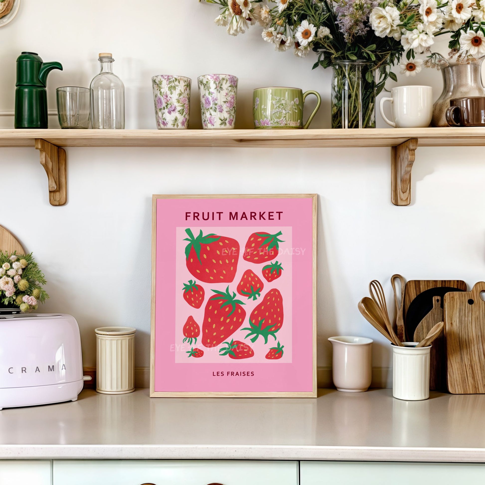 Cute colourful "Les Fraises" strawberry "Fruit Market" exhibition poster with abstract strawberry artwork in red and pink