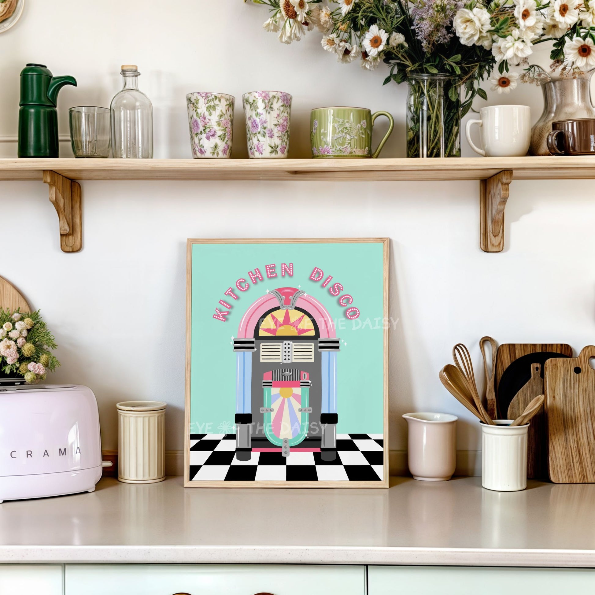 Cute kitchen disco art print, fun retro style kitchen wall decor printable wall art in pastel turquoise, pink, blue and check