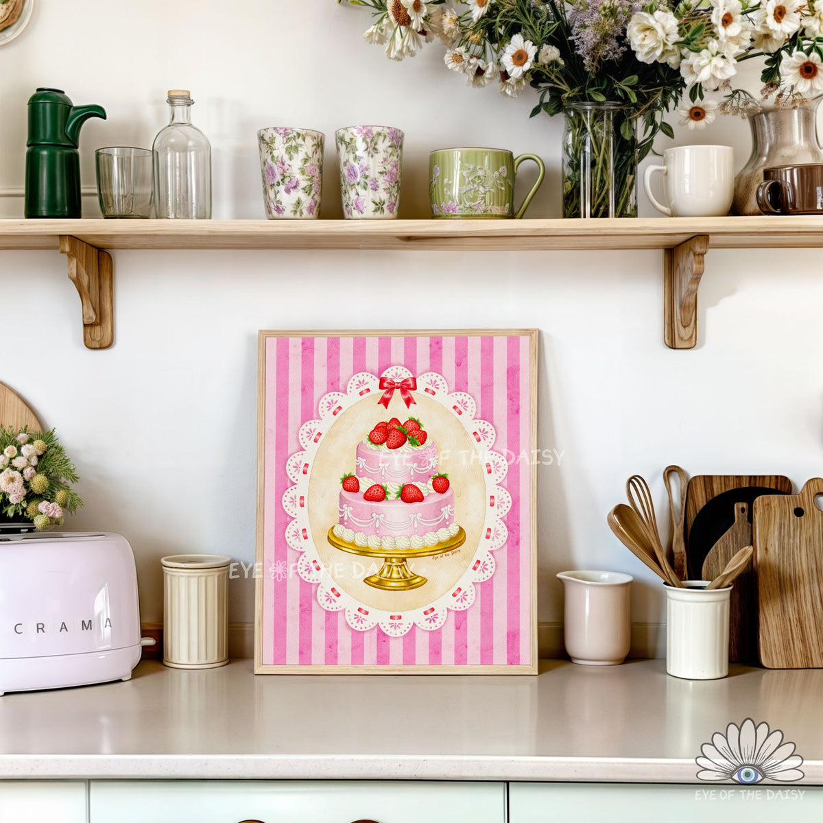 Strawberry cake print for a whimsical kitchen, part of a pink girly printable wall art collection