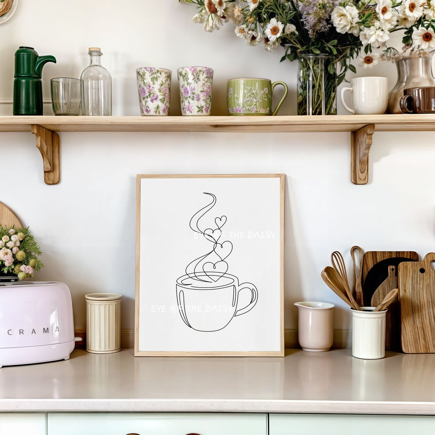 Simple coffee cup illustration printable wall art print – minimalist one line drawing for vacation rental or coffee bar wall decor