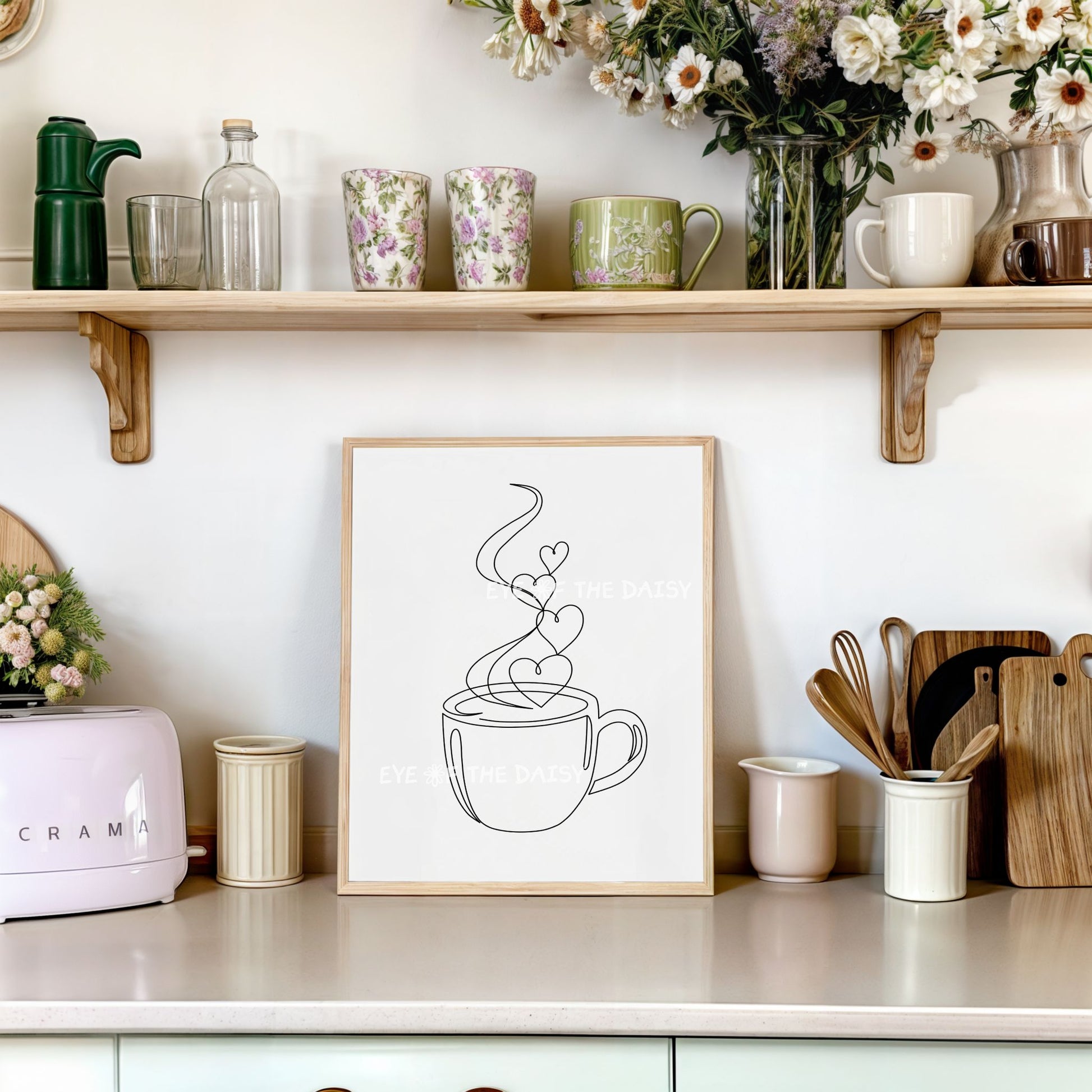 Simple coffee cup illustration printable wall art print – minimalist one line drawing for vacation rental or coffee bar wall decor