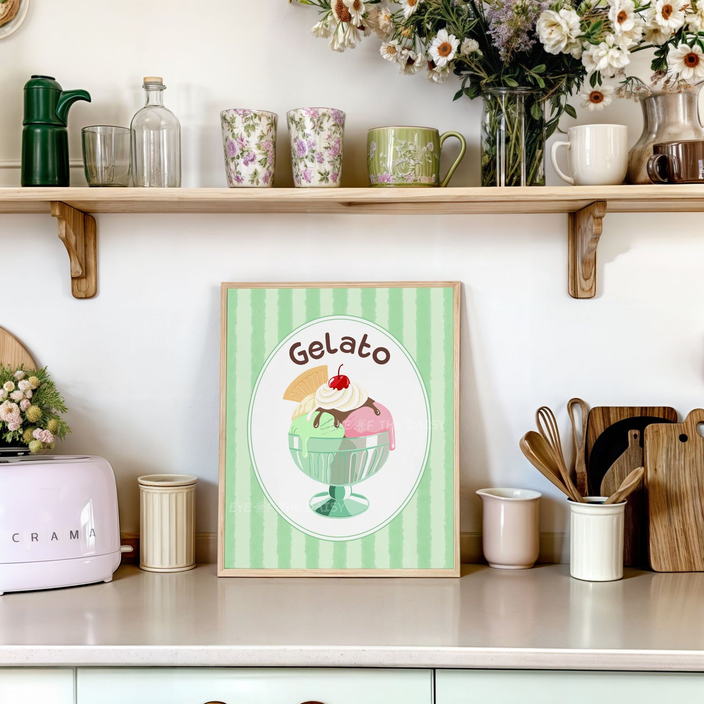 Modern gelato art print in pastel colours, with hand drawn illustration of an ice cream sundae in a dopamine decor style