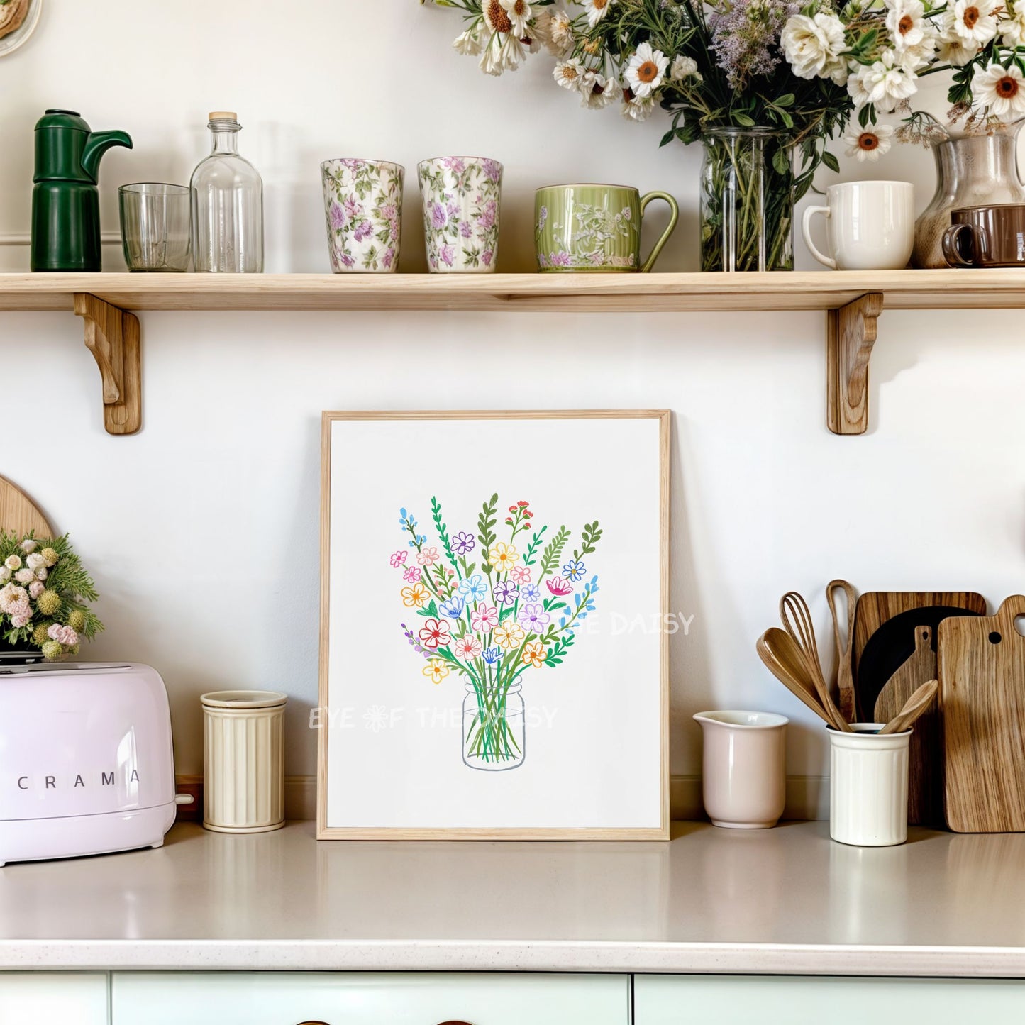 Bouquet in Vase art print, boho kitchen gallery decor, downloadable colorful floral poster with cottagecore vintage charm