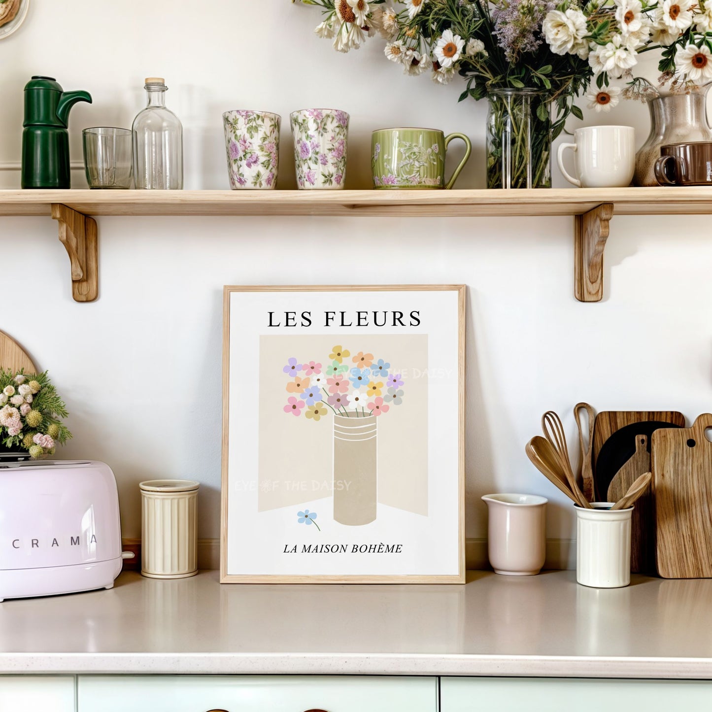 Les Fleurs pastel floral wall art – pretty printable kitchen decor with soft boho flowers in vase, perfect for farmhouse wall decor
