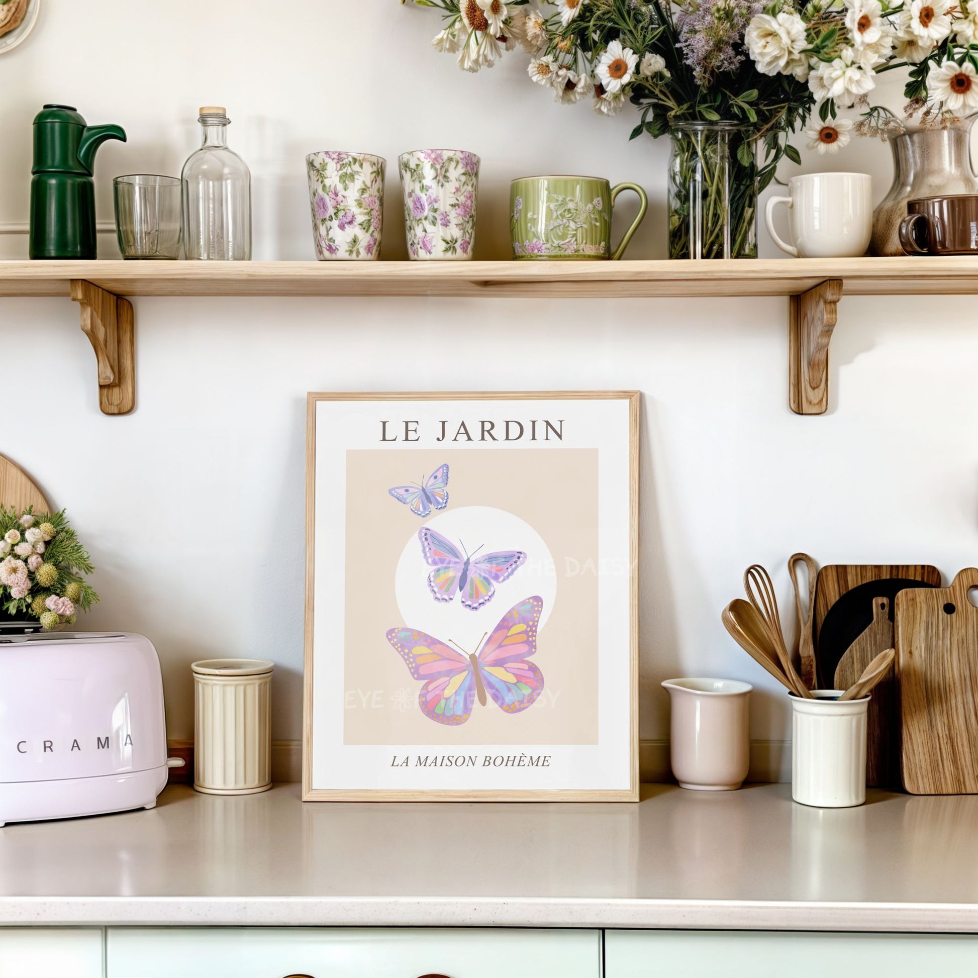 Le Jardin pastel floral print set of 2 — abstract butterfly artwork download for sophisticated vintage kitchen wall decor