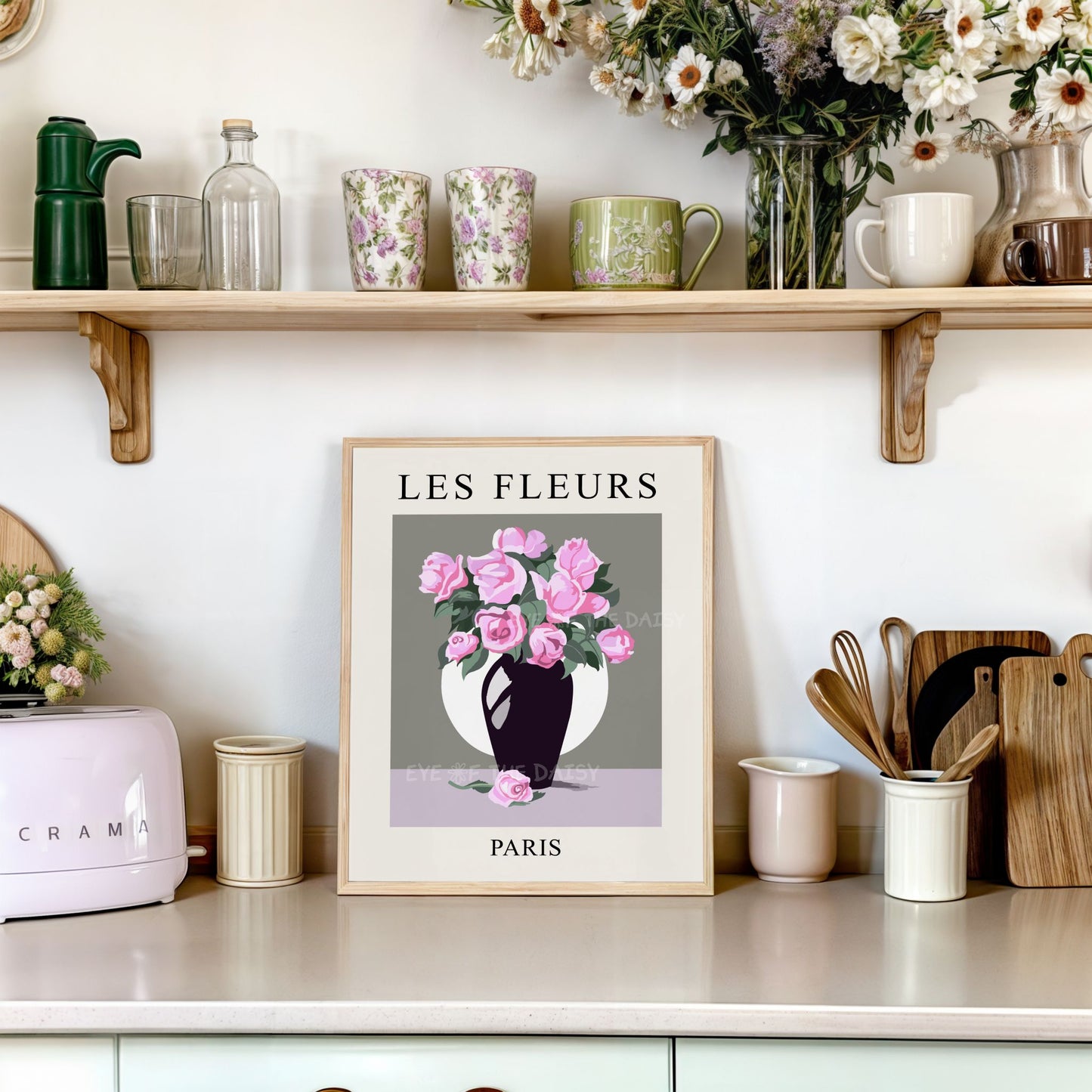 Les Fleurs printable pink rose poster — floral vase artwork download with vintage moon detail, great for cottagecore kitchens or cozy corners