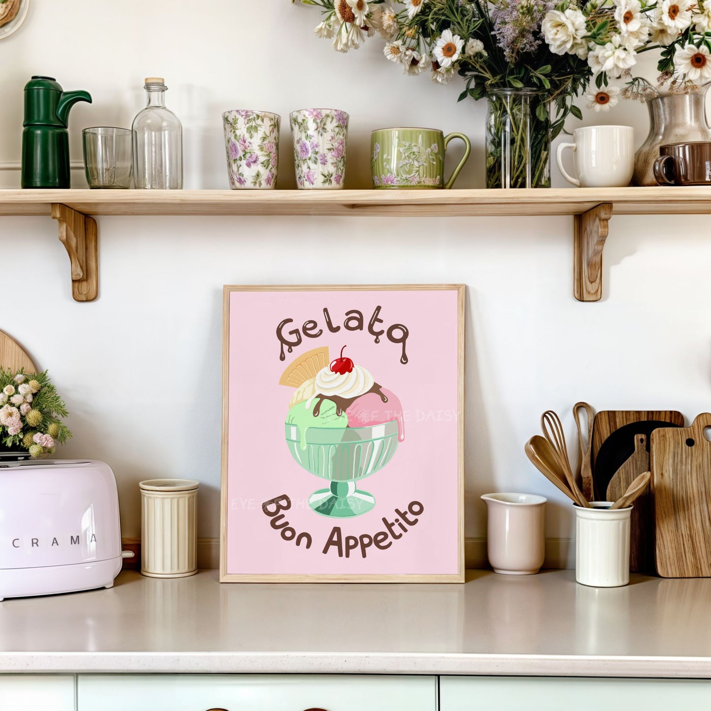 Pastel pink and green gelato digital print for stylish apartment decor, printable dopamine wall art, instant ice cream poster download