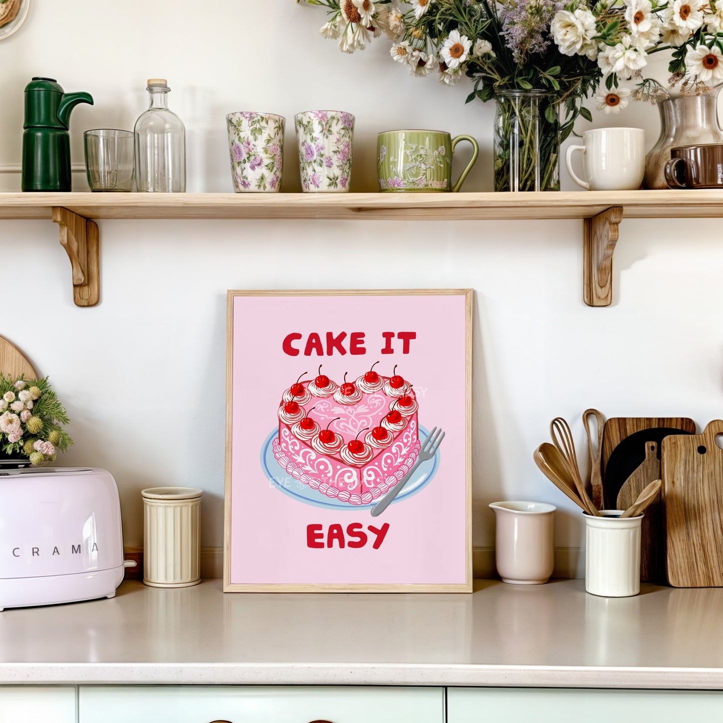 Funny "Cake it Easy" contemporary coquette cake print, with a hand drawn illustration of a retro style cherry heart cake in pink & red