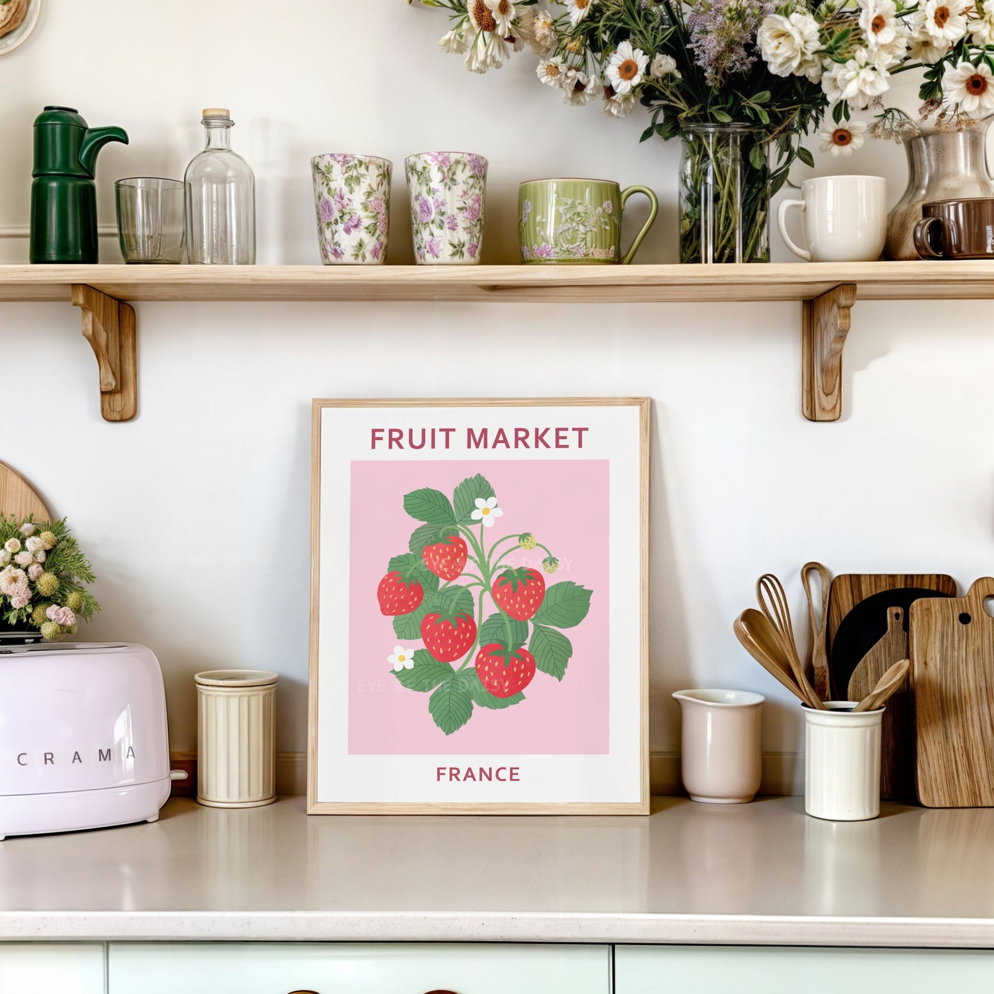 Pastel pink strawberry print download — modern botanical wall art for cute dining room, kitchen or sweet dopamine decor style