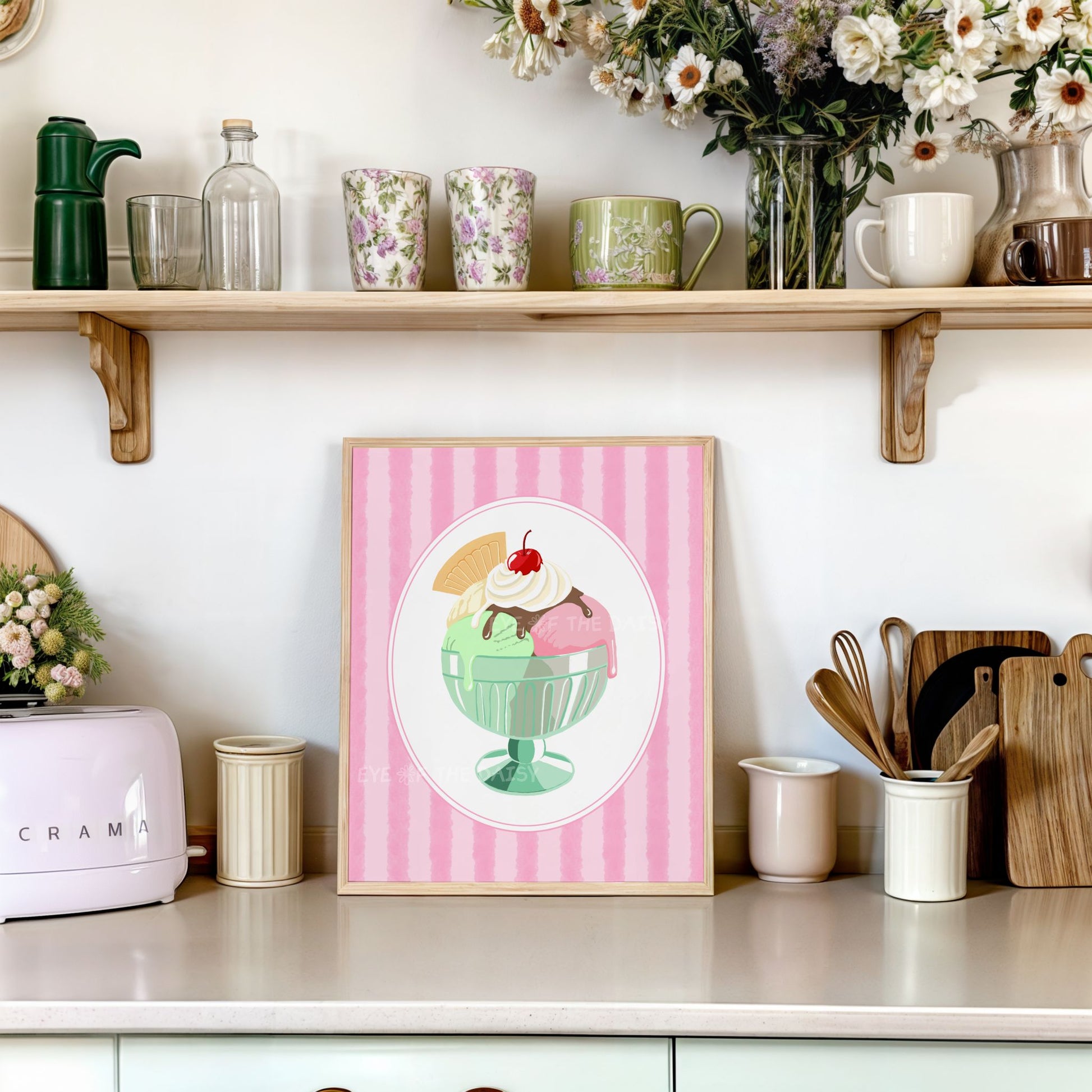 Gelato poster showing hand drawn illustration of ice cream in pastel pink and green, shown in a cute kitchen with dopamine decor