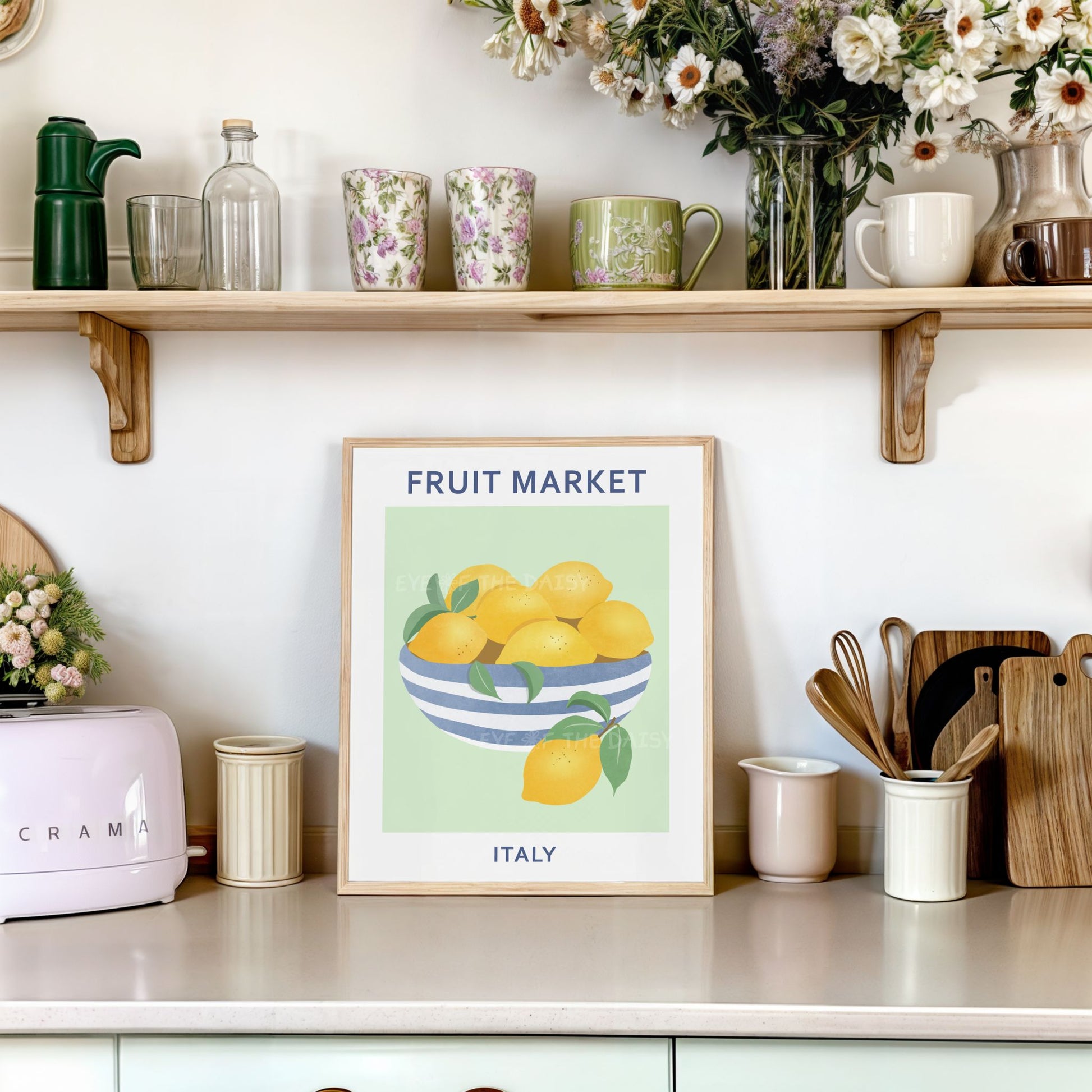 Lemon bowl art print download — pastel green abstract printable poster for boho or dopamine decor kitchen interiors