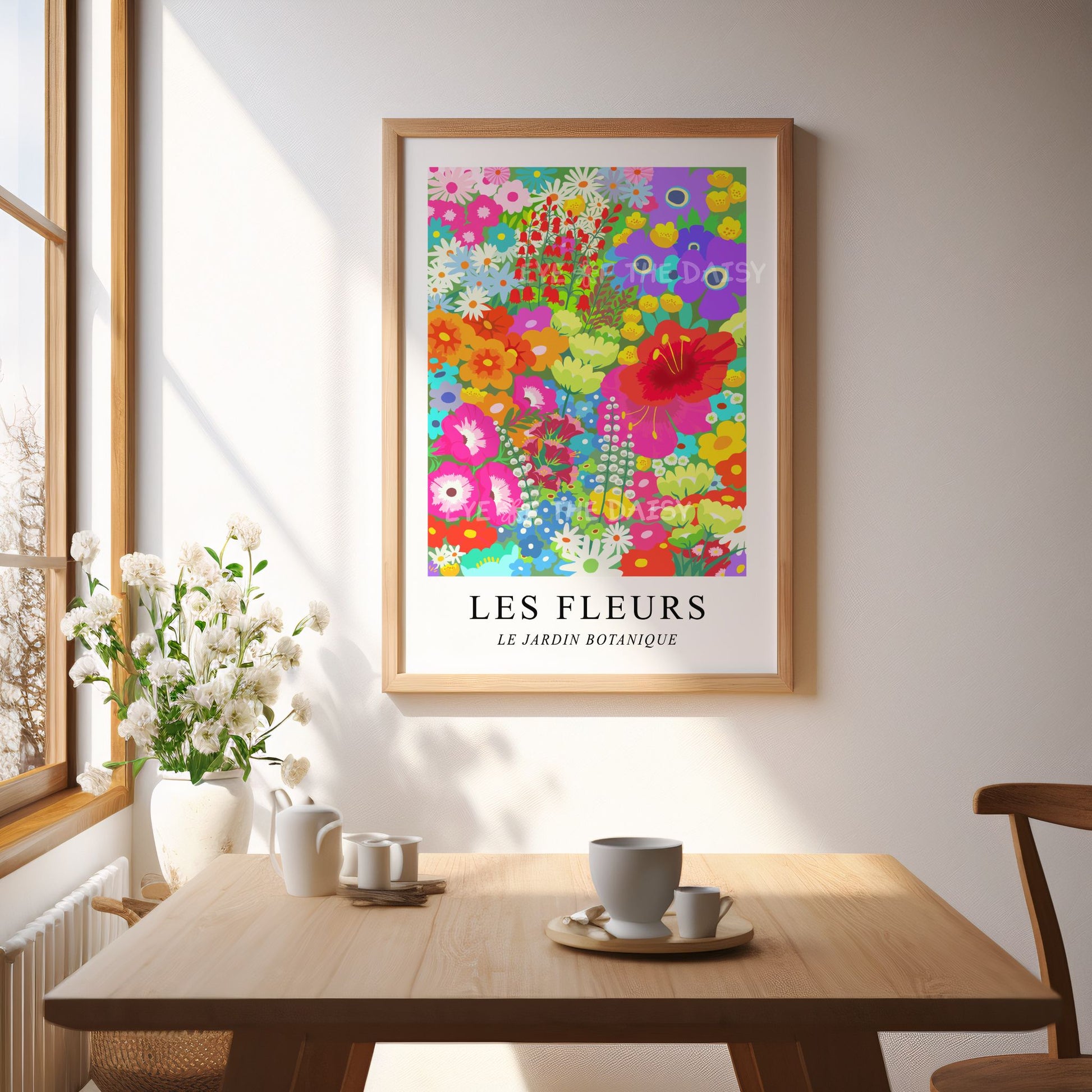 Multicoloured flower garden printable wall art – bright and modern 'Les Fleurs' floral illustration perfect for kitchen wall decor