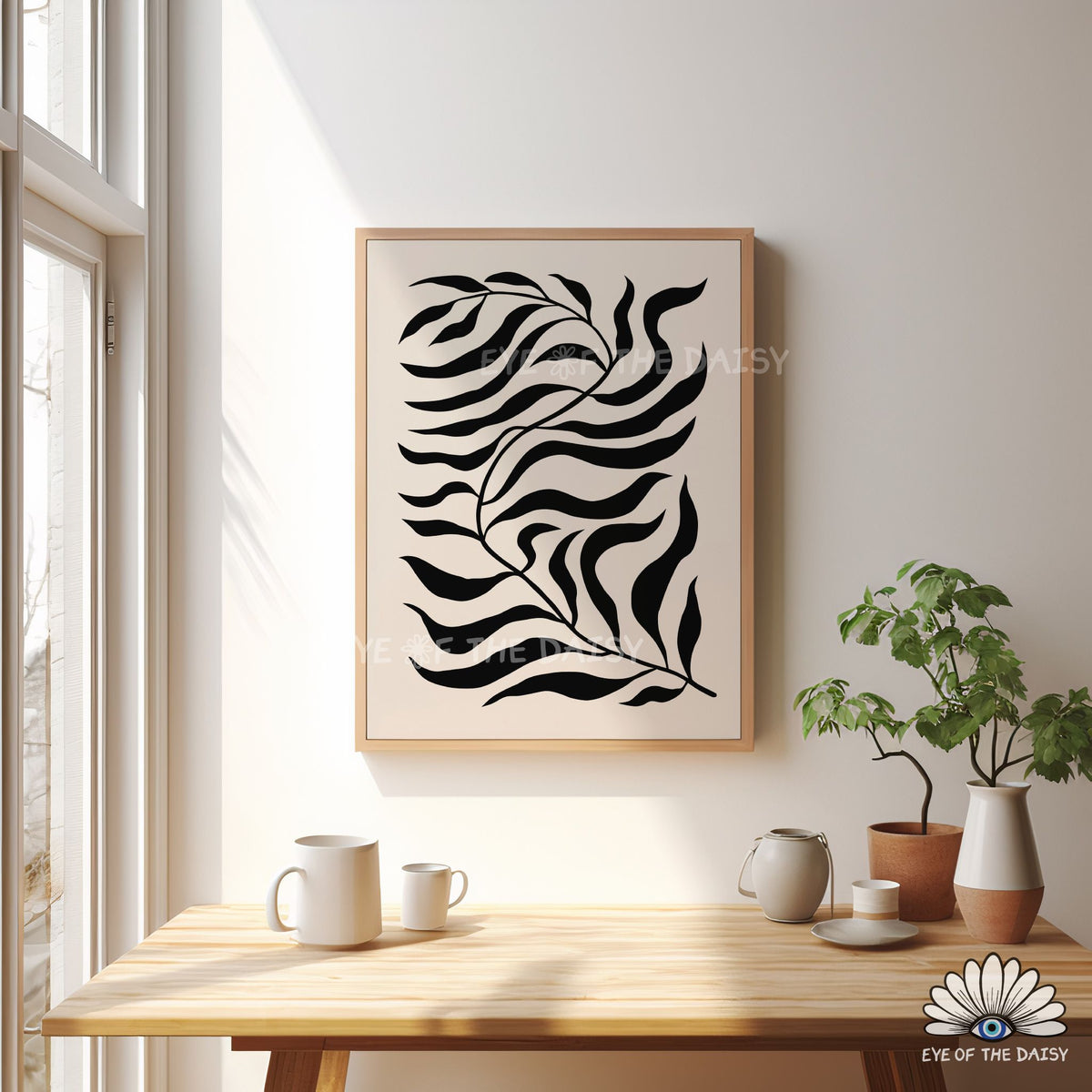 abstract black leaf wall art printable, Matisse style botanical poster for office or living room