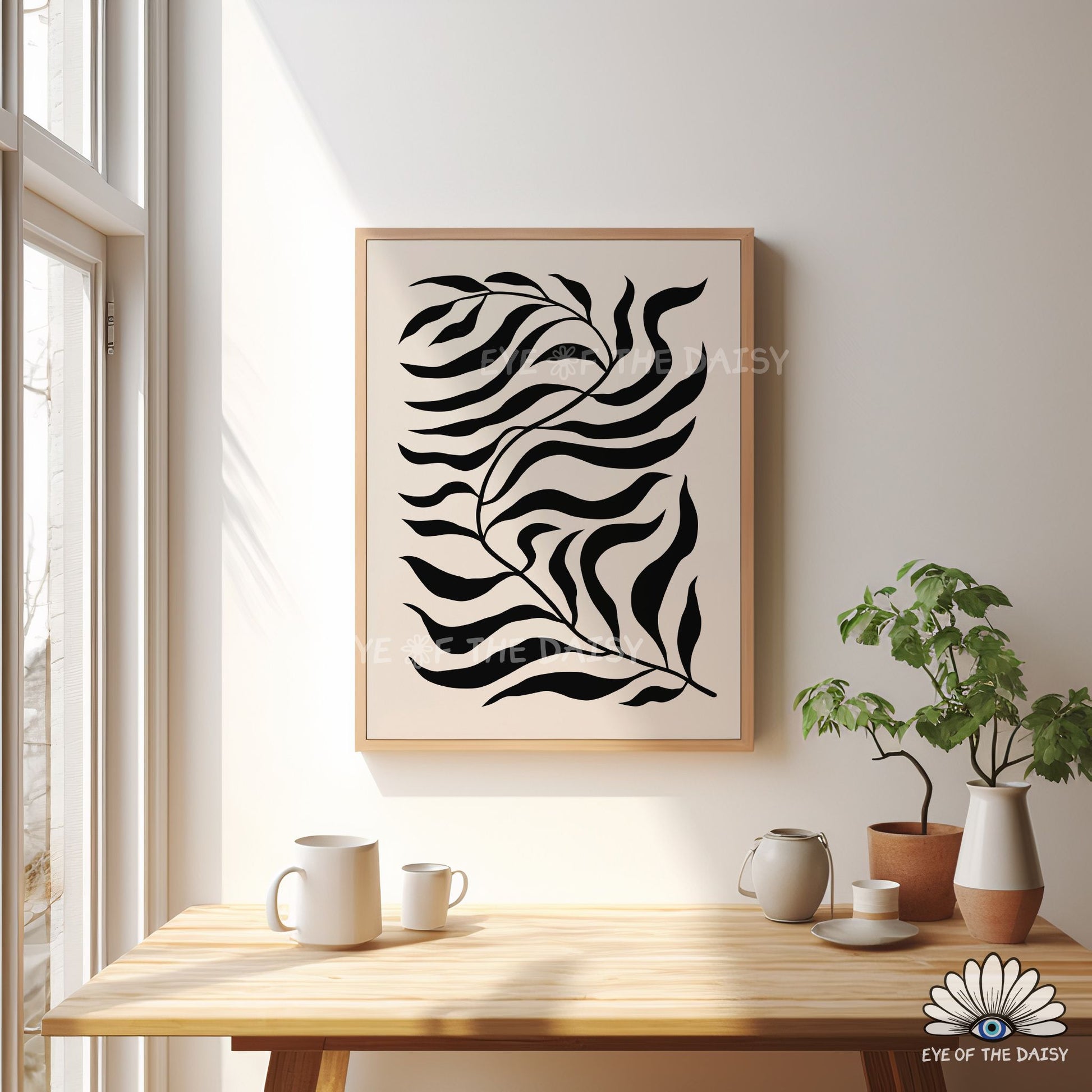 abstract black leaf wall art printable, Matisse style botanical poster for office or living room