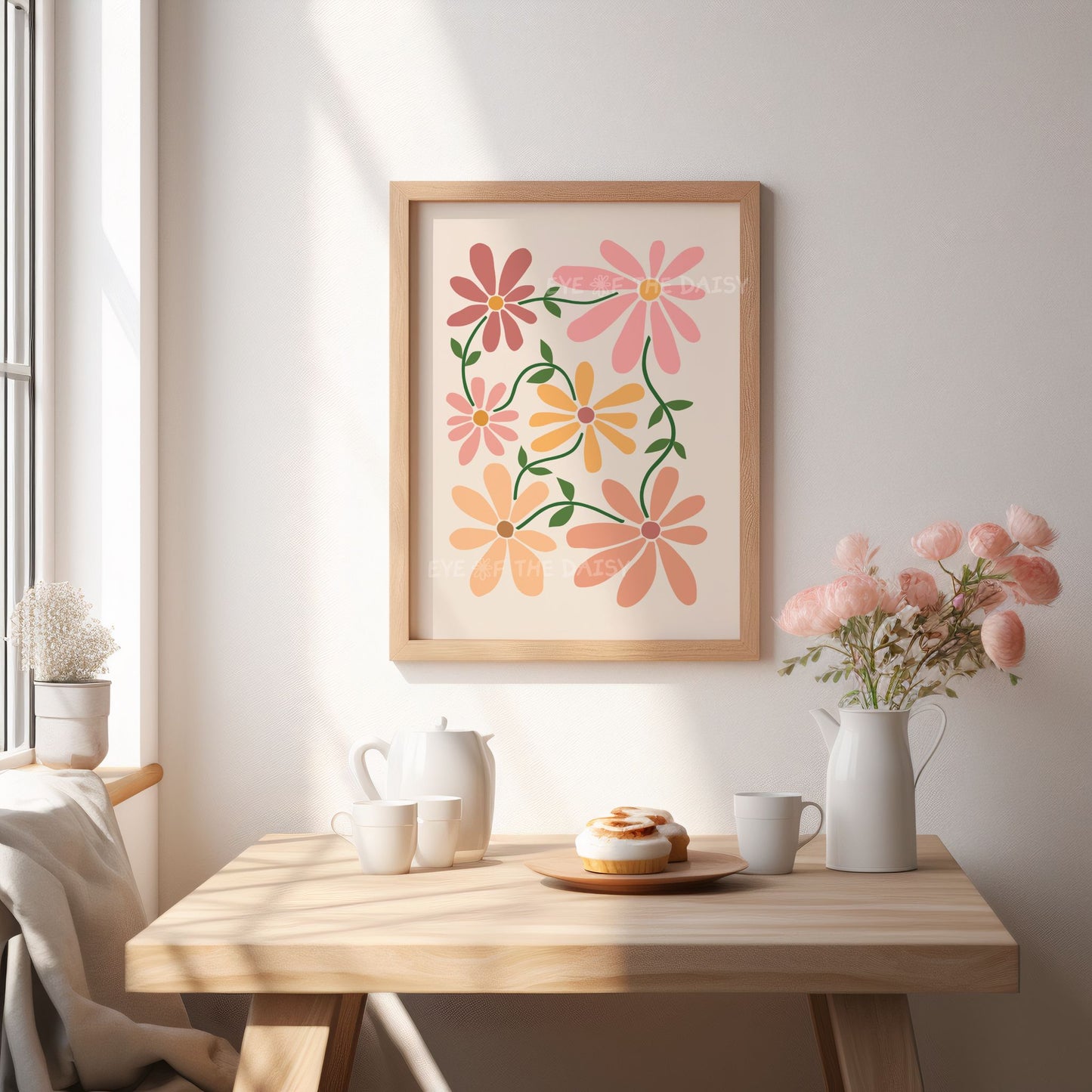 Neutral floral wall art – beige abstract flower print with minimalist cut-out shapes, digital download for boho modern living room