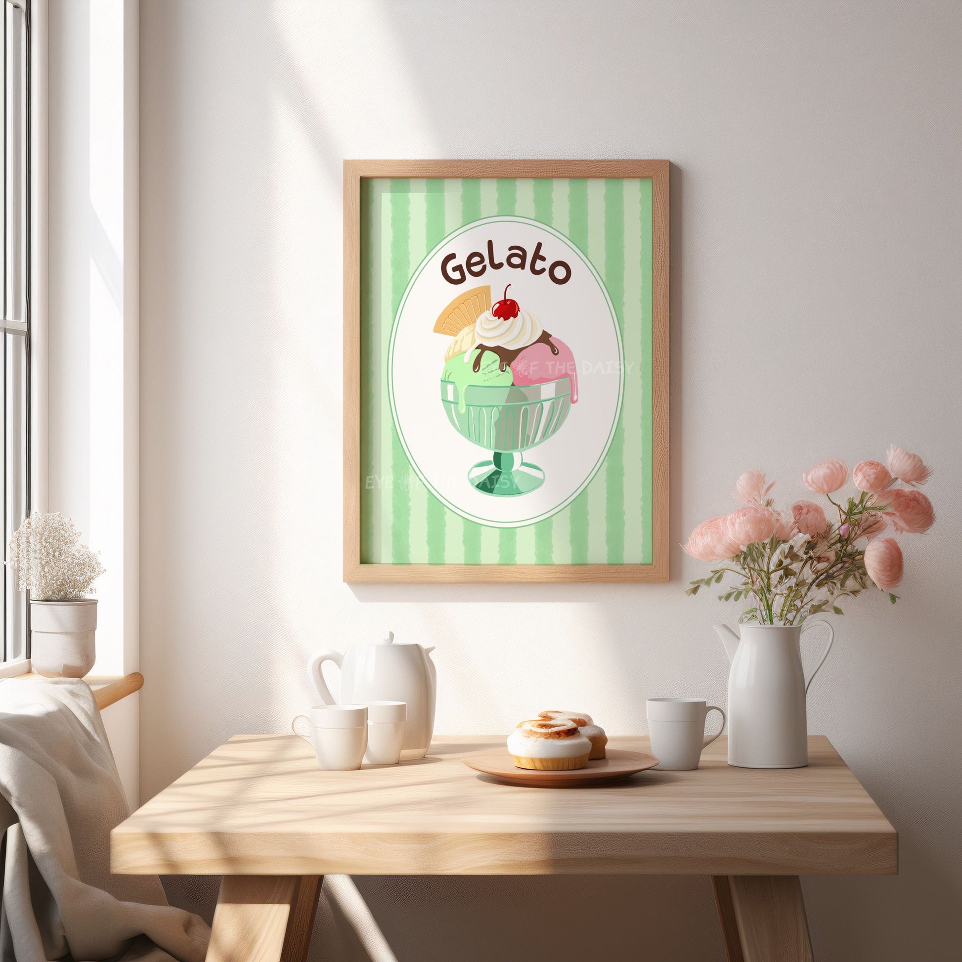 Contemporary hand drawn gelato poster in pastel green stripes and pastel colours in an Italian style kitchen