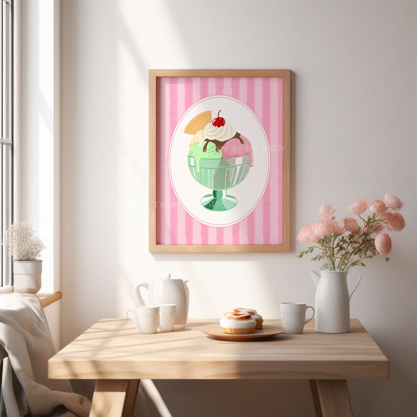 Coquette ice cream sundae printable wall art in pastel pink and green, trendy Italian gelato print
