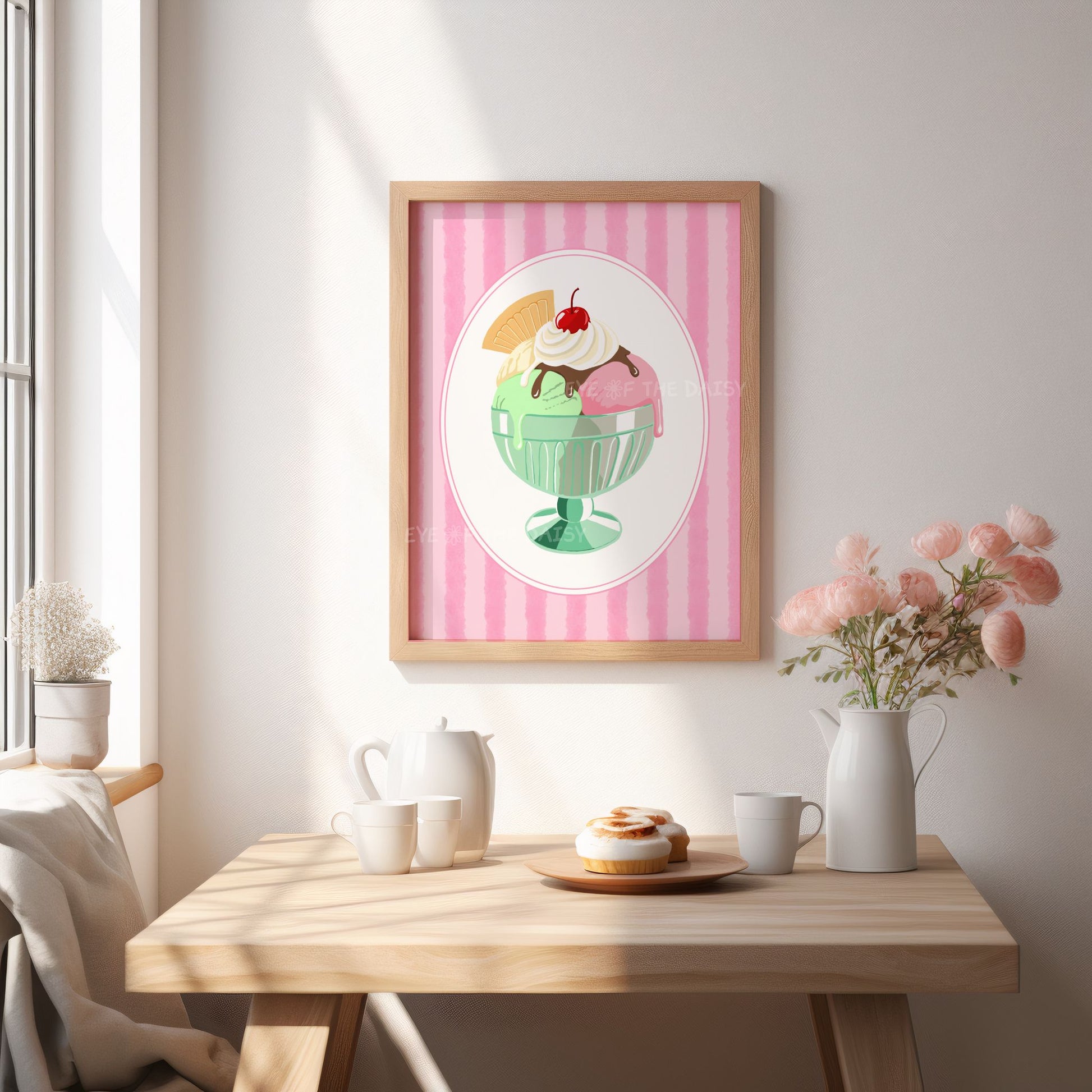 Coquette ice cream sundae printable wall art in pastel pink and green, trendy Italian gelato print