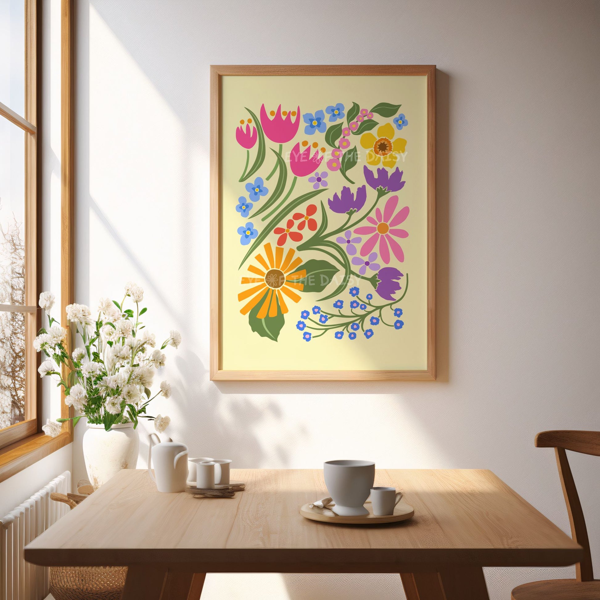 Framed vibrant colourful modern abstract floral art print on a wall above a wooden kitchen table