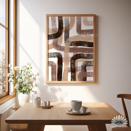Modern abstract poster with textured organic lines and warm earthy brown & beige tones, Scandinavian and Japandi printable wall art