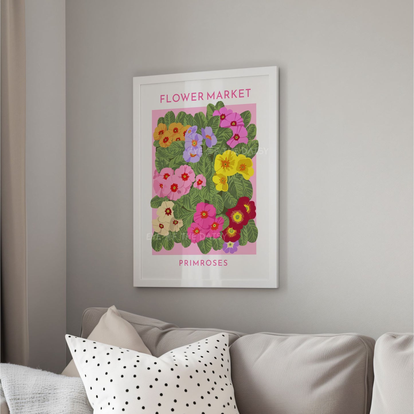 Modern Scandi floral wall decor with bright colorful flowers – abstract 'Flower Market' exhibition poster for modern living room