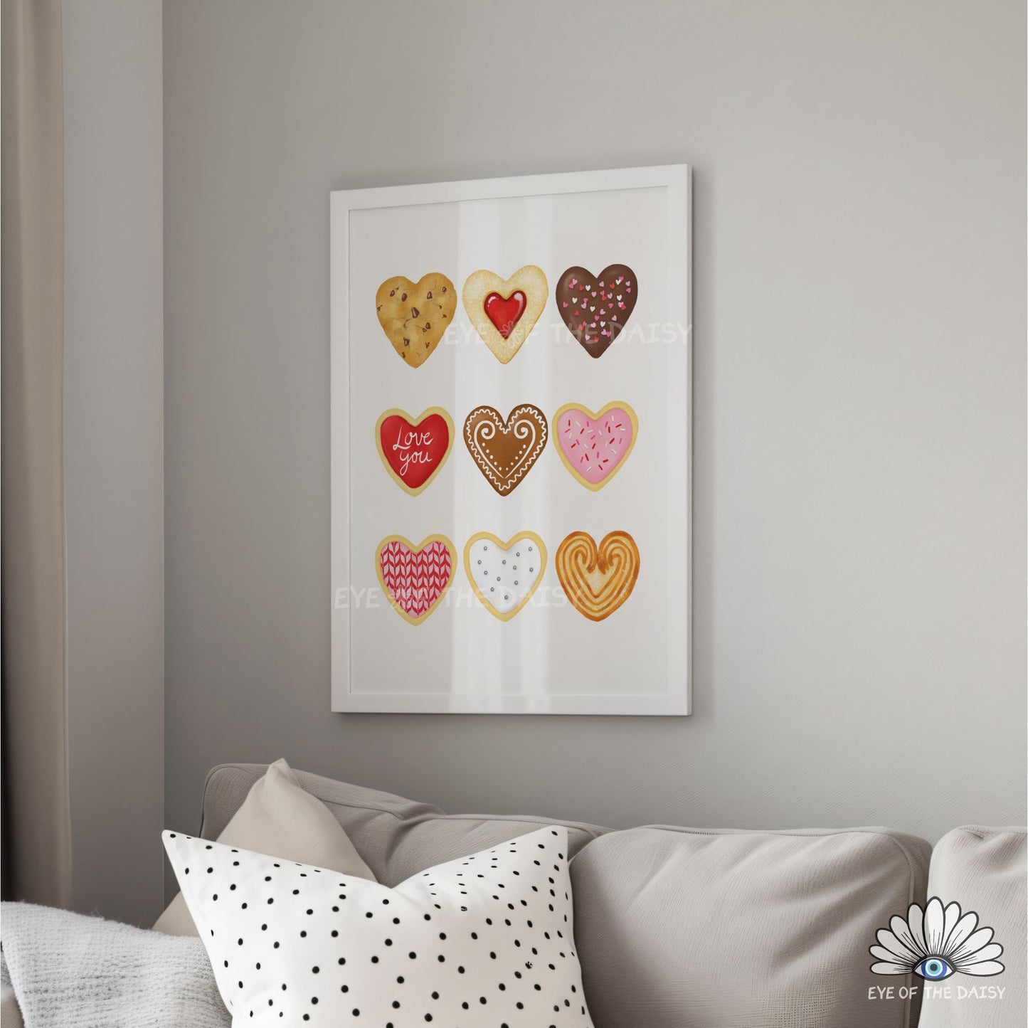 Eclectic and whimsical printable wall art, Valentine’s foodie poster with heart shaped cookie illustrations for living room or kitchen