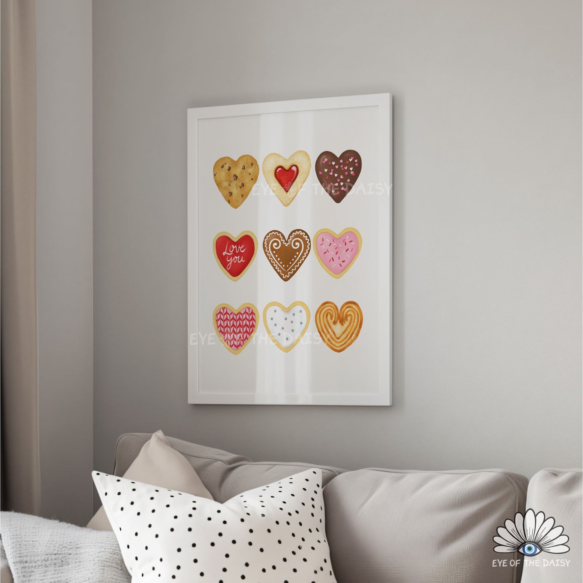 Eclectic and whimsical printable wall art, Valentine’s foodie poster with heart shaped cookie illustrations for living room or kitchen