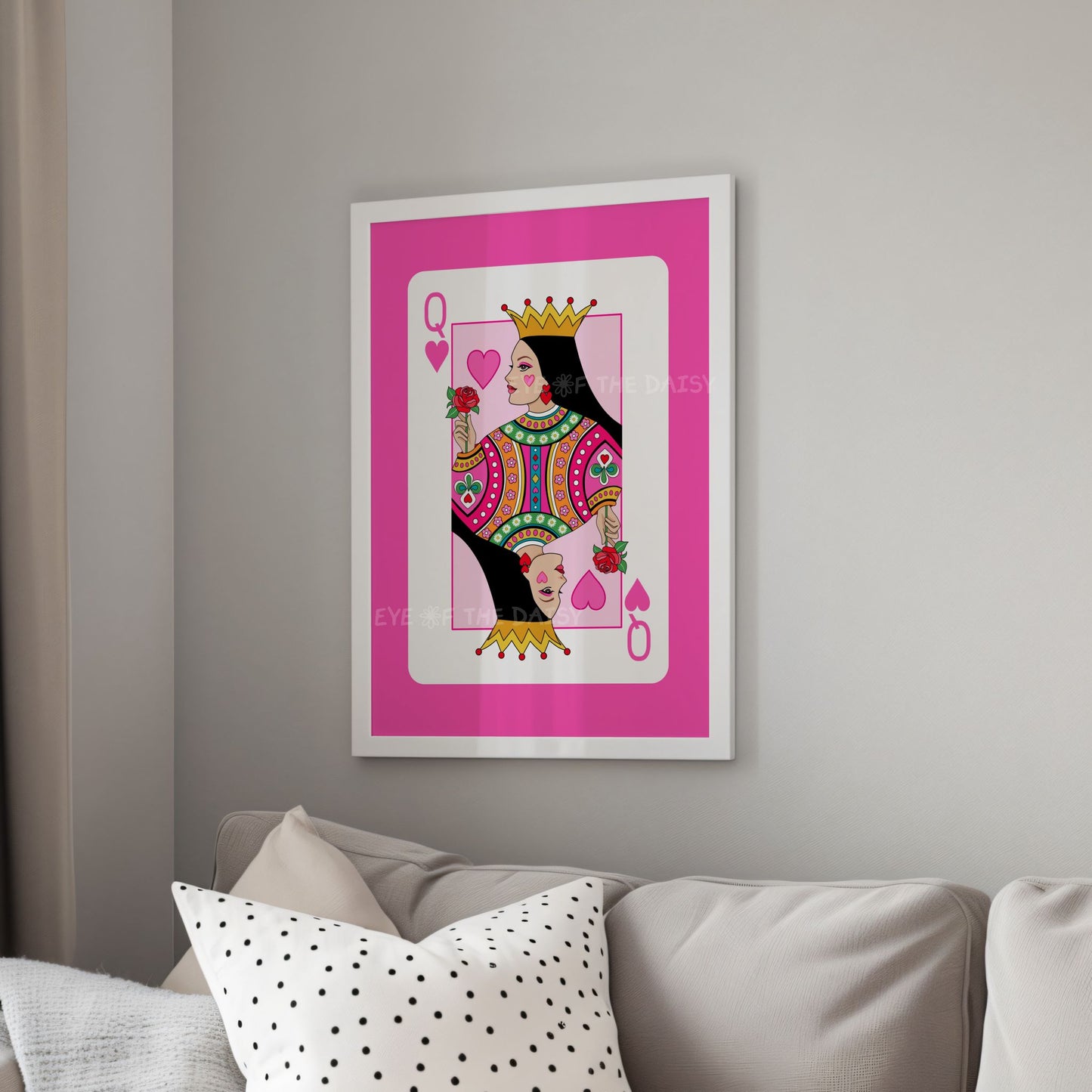 Contemporary Queen of Hearts poster – bold hot pink card illustration, downloadable wall art print for modern apartments