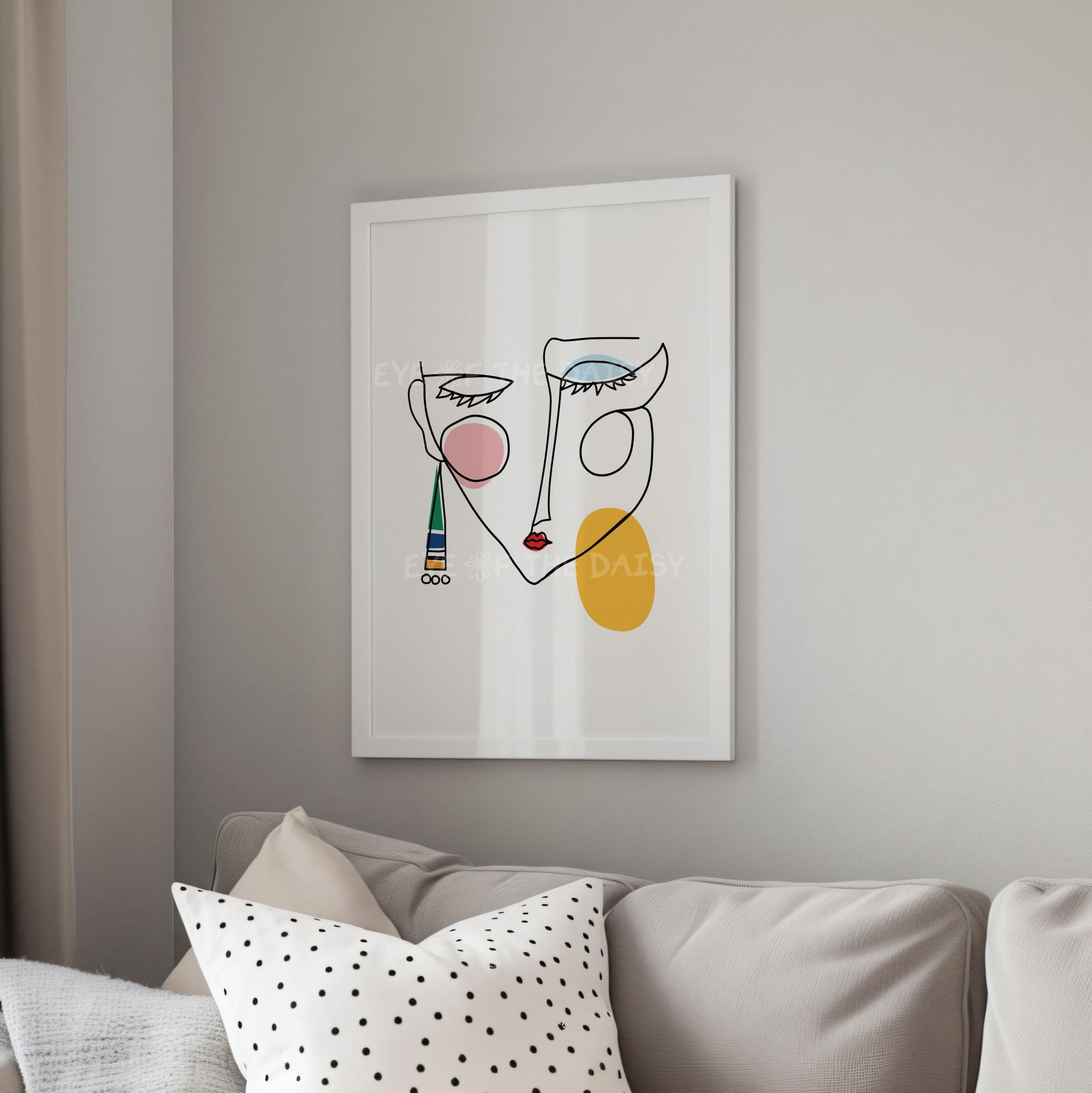 Abstract face line art print set of 3, black drawing with colorful shapes, digital download for eclectic living room gallery wall