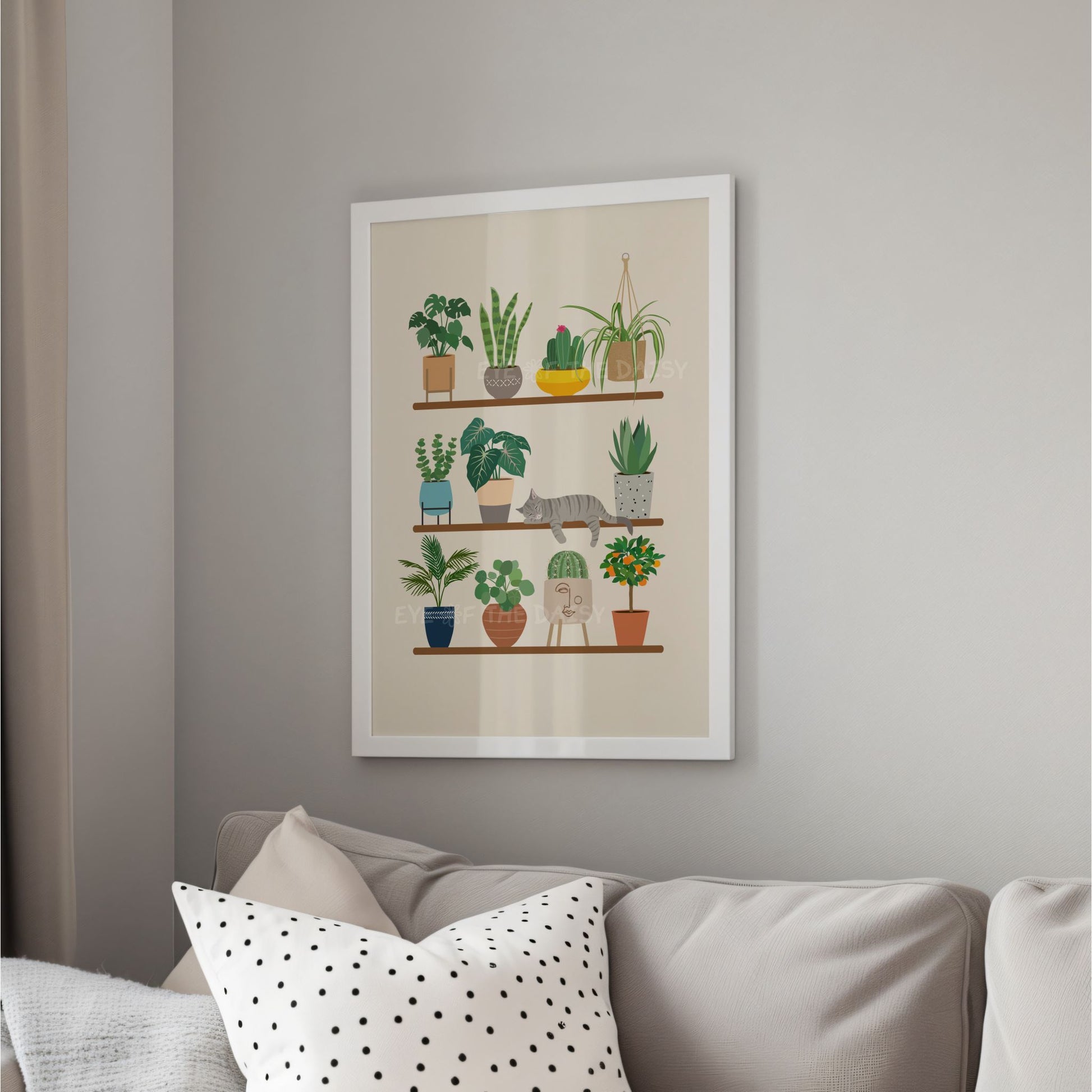 Sleeping tabby cat print – fun digital art download with houseplants, printable boho poster for quirky interiors